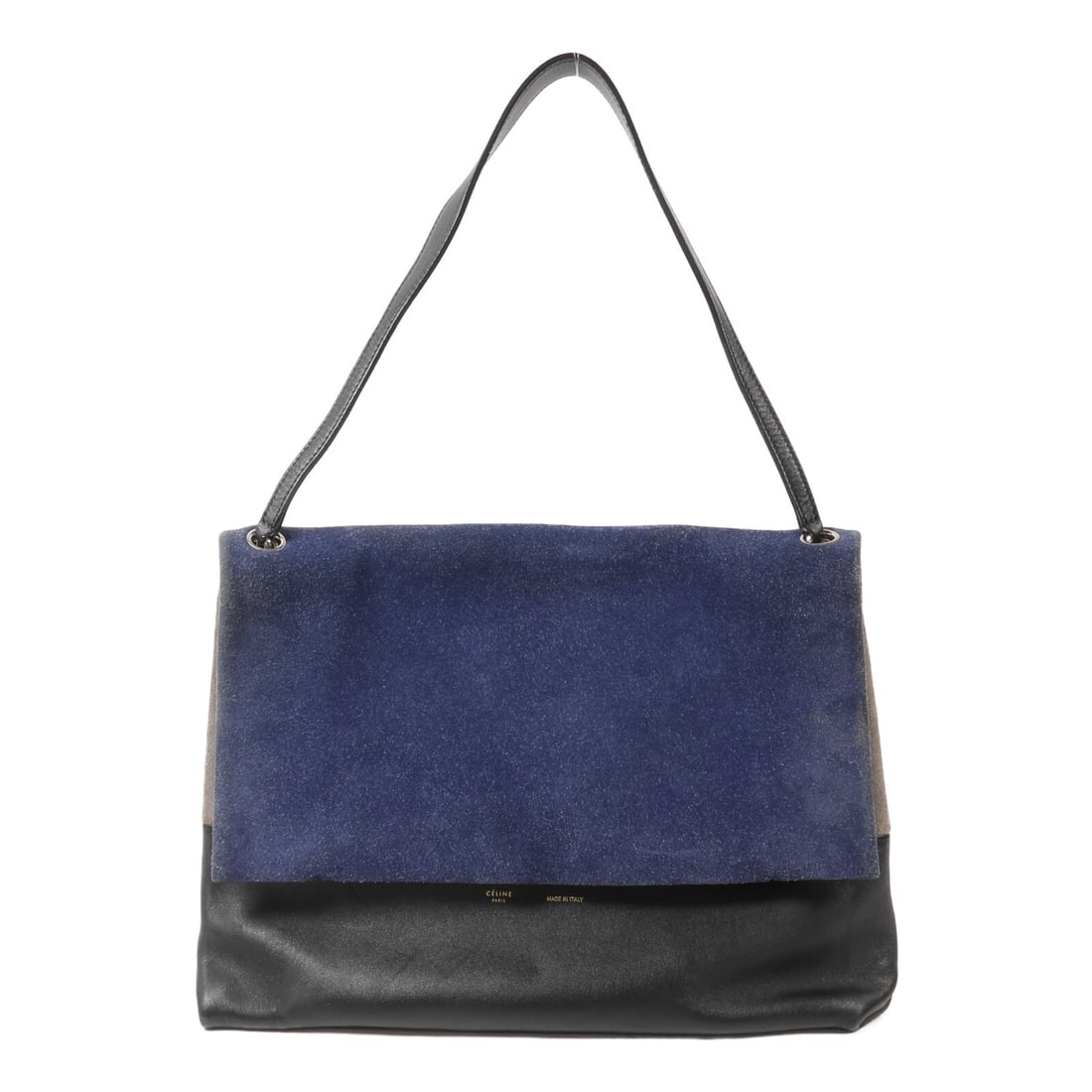 CELINE All Soft calfskin shoulder bag blue black grey: CELINE All Soft calfskin shoulder bag blue black grey This CELINE All Soft shoulder bag features a sophisticated combination of blue, black, and grey calfskin leather and suede. Designed for unisex us
