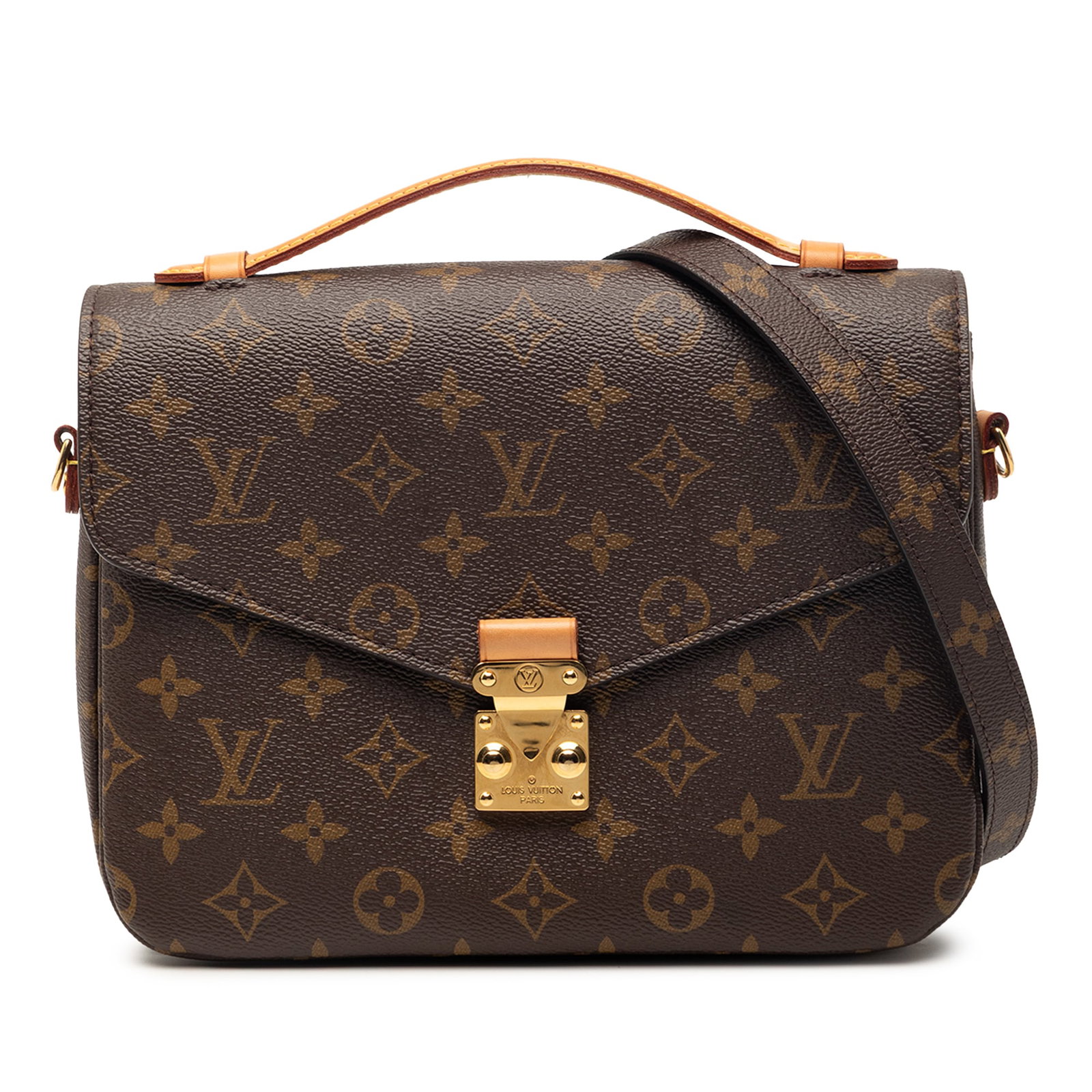 Louis Vuitton Pochette Metis monogram canvas shoulder bag: Louis Vuitton Pochette Metis monogram canvas shoulder bag This Louis Vuitton Monogram Pochette Metis bag features the iconic monogram canvas body, complemented by a flat vachetta leather top handle an