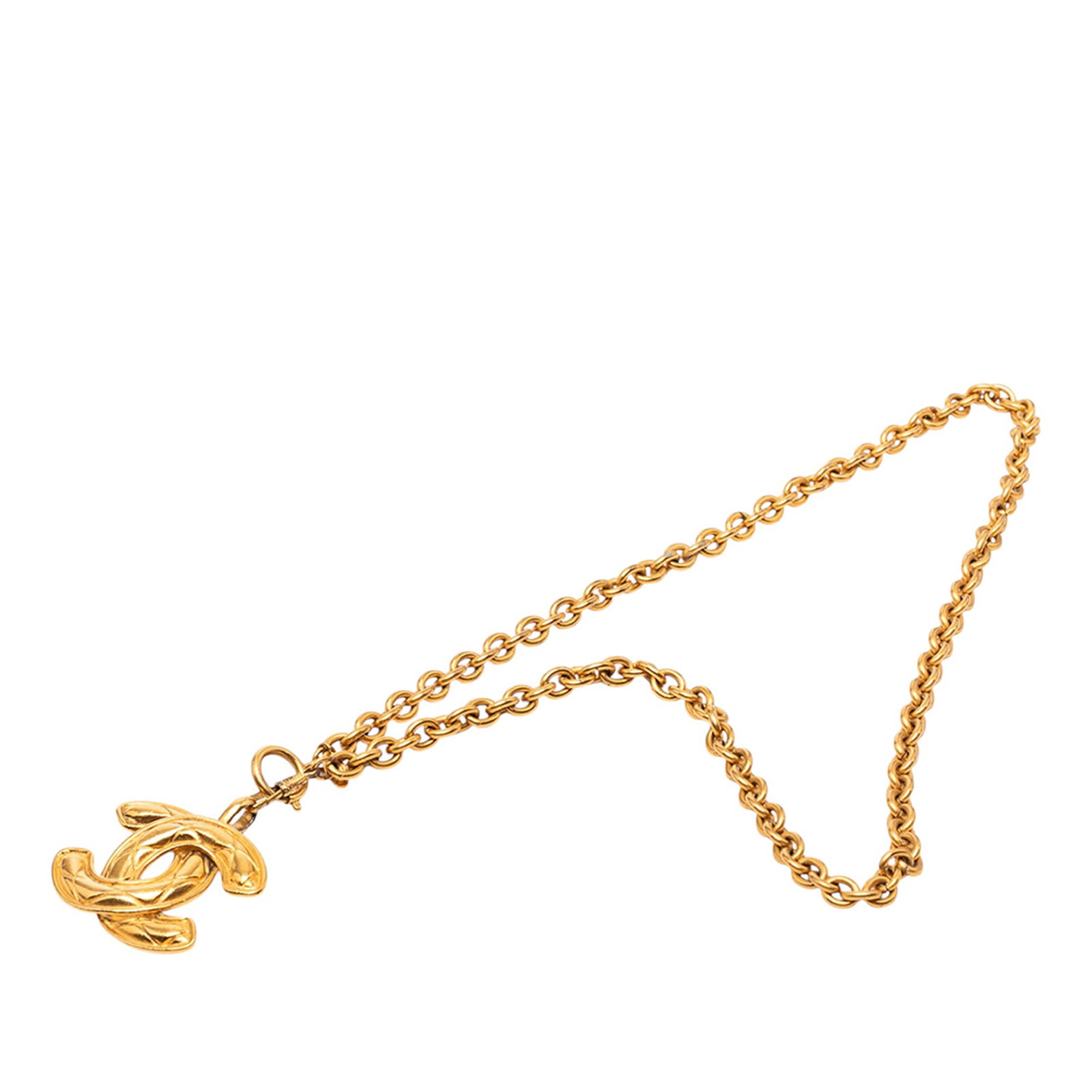 Chanel CC Quilted Gold Plated Pendant Necklace: Chanel CC Quilted Gold Plated Pendant Necklace This Chanel necklace features a gold-tone quilted pendant with the iconic CC logo, paired with a matching gold-tone chain and secured with a spring ring 