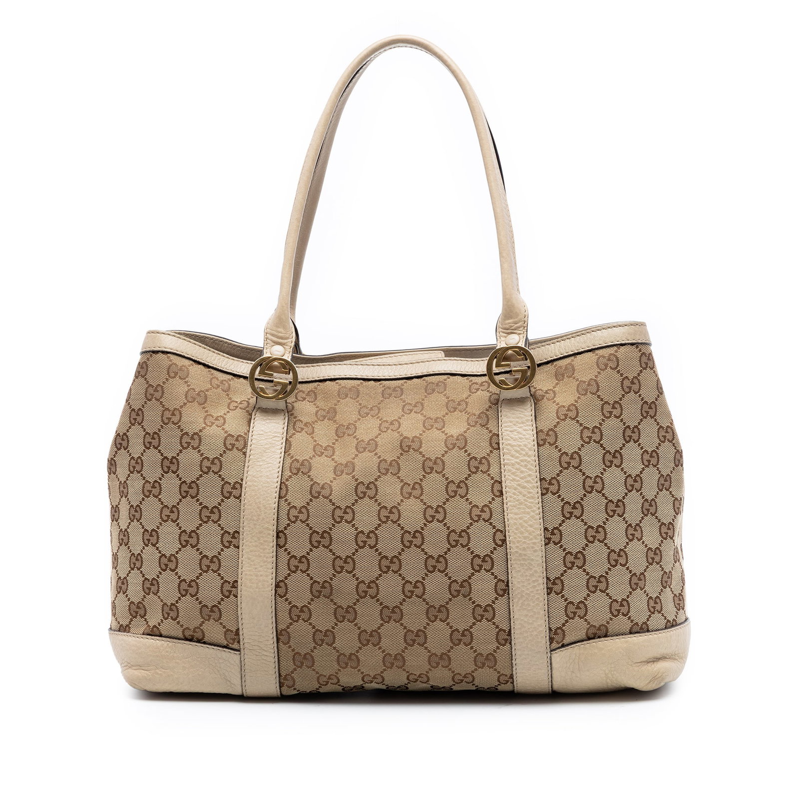 Gucci Beige Canvas Tote Miss GG Leather Trim: Gucci Beige Canvas Tote Miss GG Leather Trim This Gucci GG Canvas Miss GG Tote features a beige canvas body with leather trim, rolled leather handles, an open top with magnetic snap closure, and inter