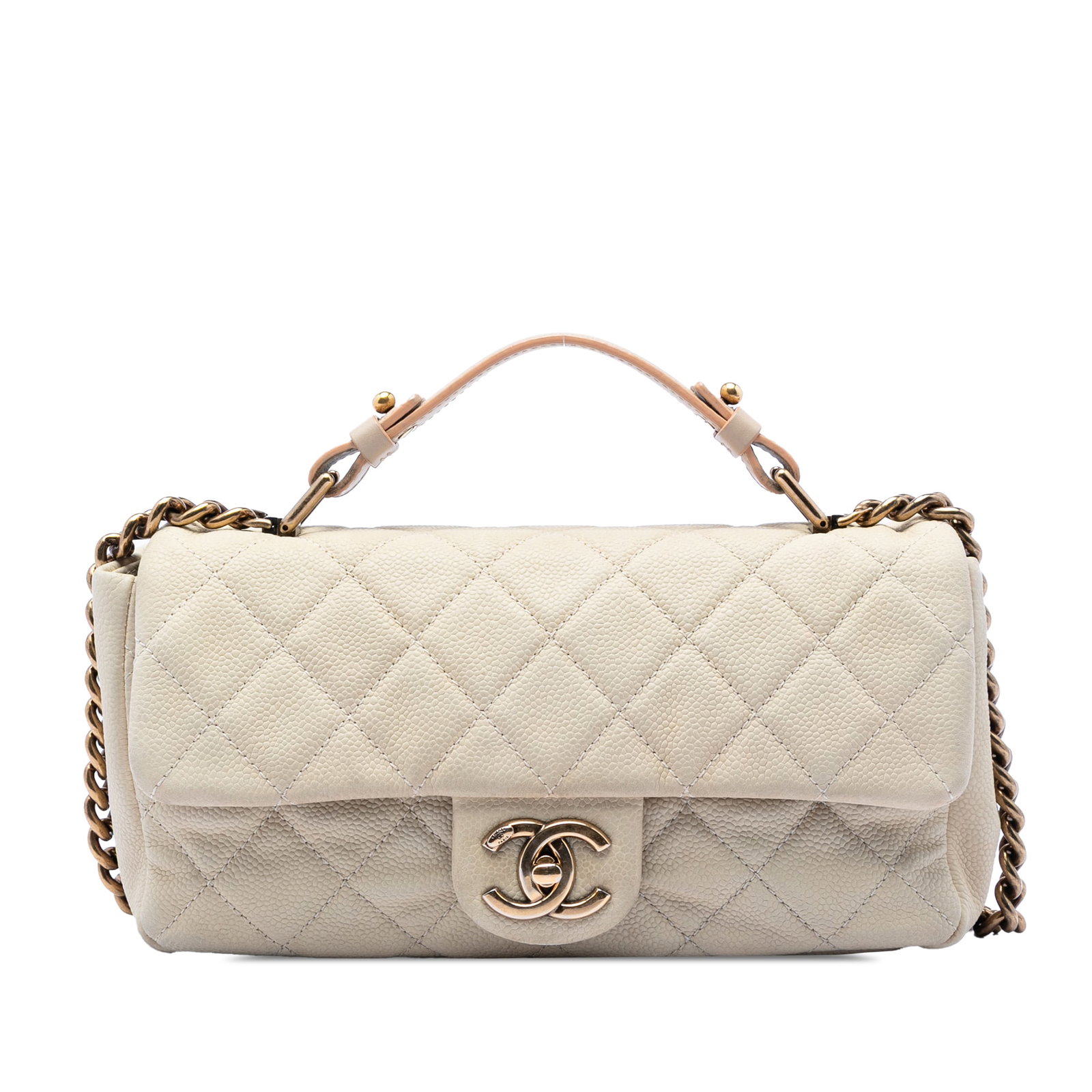 Chanel Chic Flap white caviar leather satchel: Chanel Chic Flap white caviar leather satchel This Chanel Medium CC Quilted Caviar Chic Flap satchel is crafted from quilted caviar leather in white and features a flat leather top handle, a chain lin