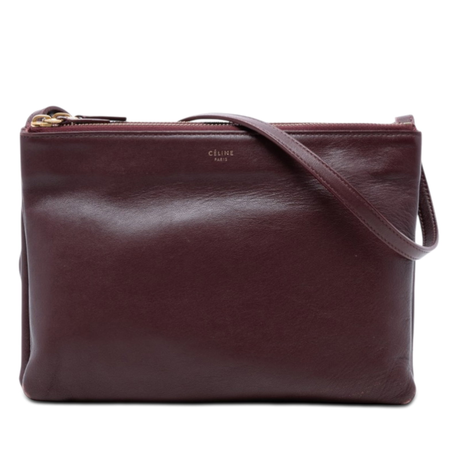 Celine Trio lambskin red crossbody bag: Celine Trio lambskin red crossbody bag This Celine Large Lambskin Trio Crossbody features a luxurious lambskin leather body in red, complemented by a flat strap and three top zip closures. Made in Ita