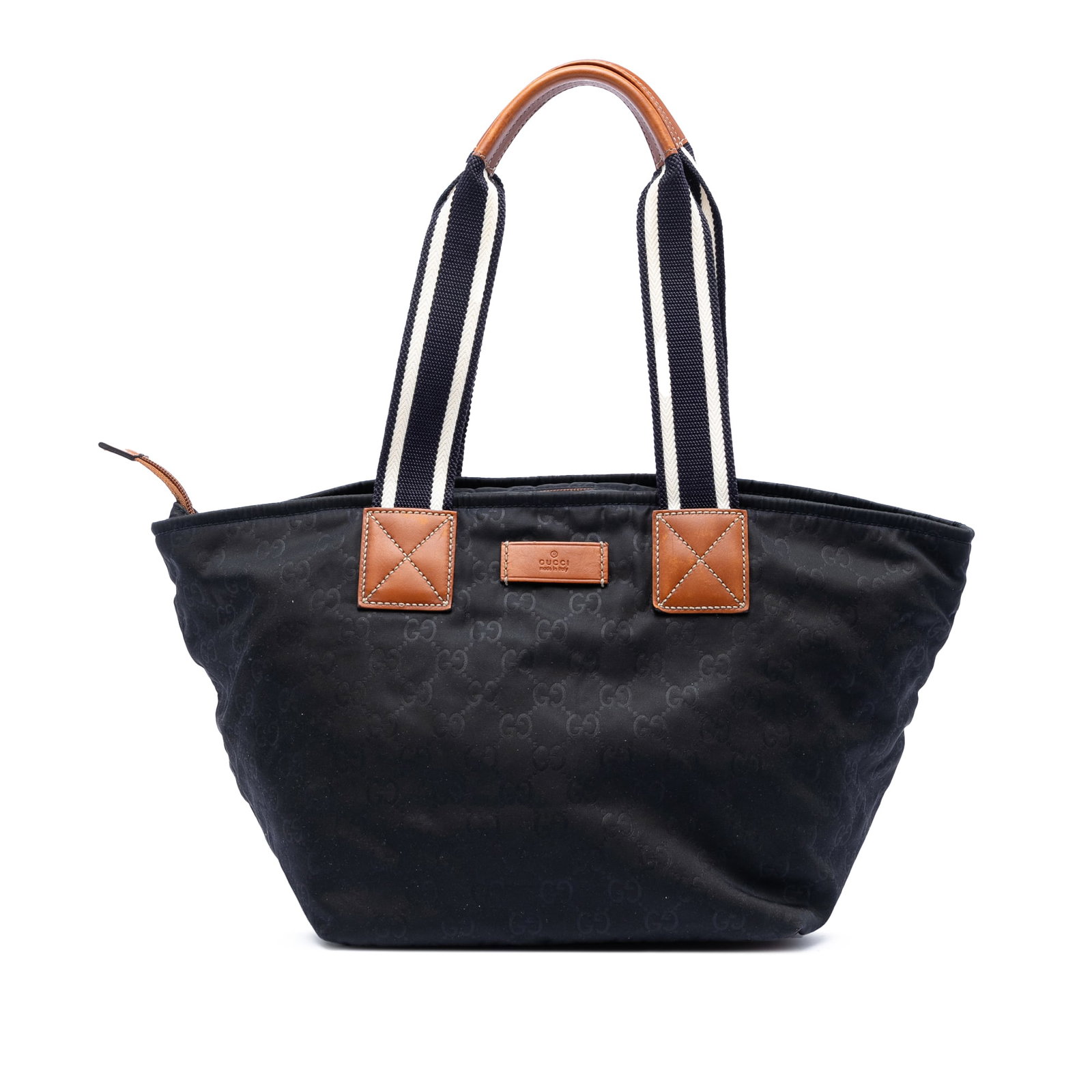 Gucci black nylon tote with leather trim and web handles: Gucci black nylon tote with leather trim and web handles This Gucci GG Nylon Web Tote features a durable nylon body with leather trim, flat web handles, a top zip closure, and both interior zip and sl