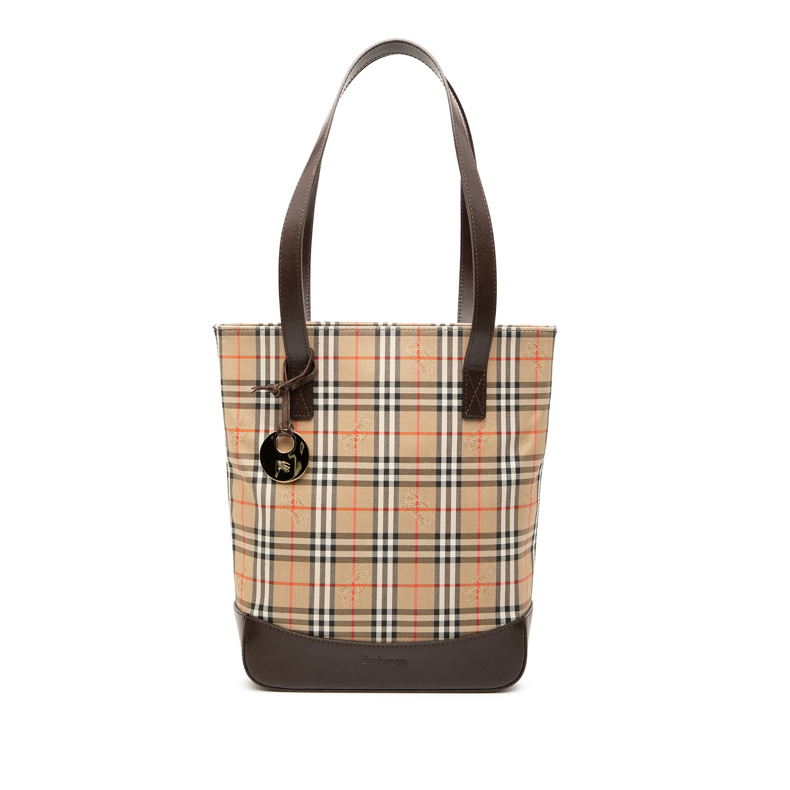Burberry Haymarket Check Beige Canvas Tote Bag with Leather Trim: Burberry Haymarket Check Beige Canvas Tote Bag with Leather Trim This Burberry Haymarket Check Canvas Tote features the signature check canvas body with a leather bottom panel, flat leather straps, an