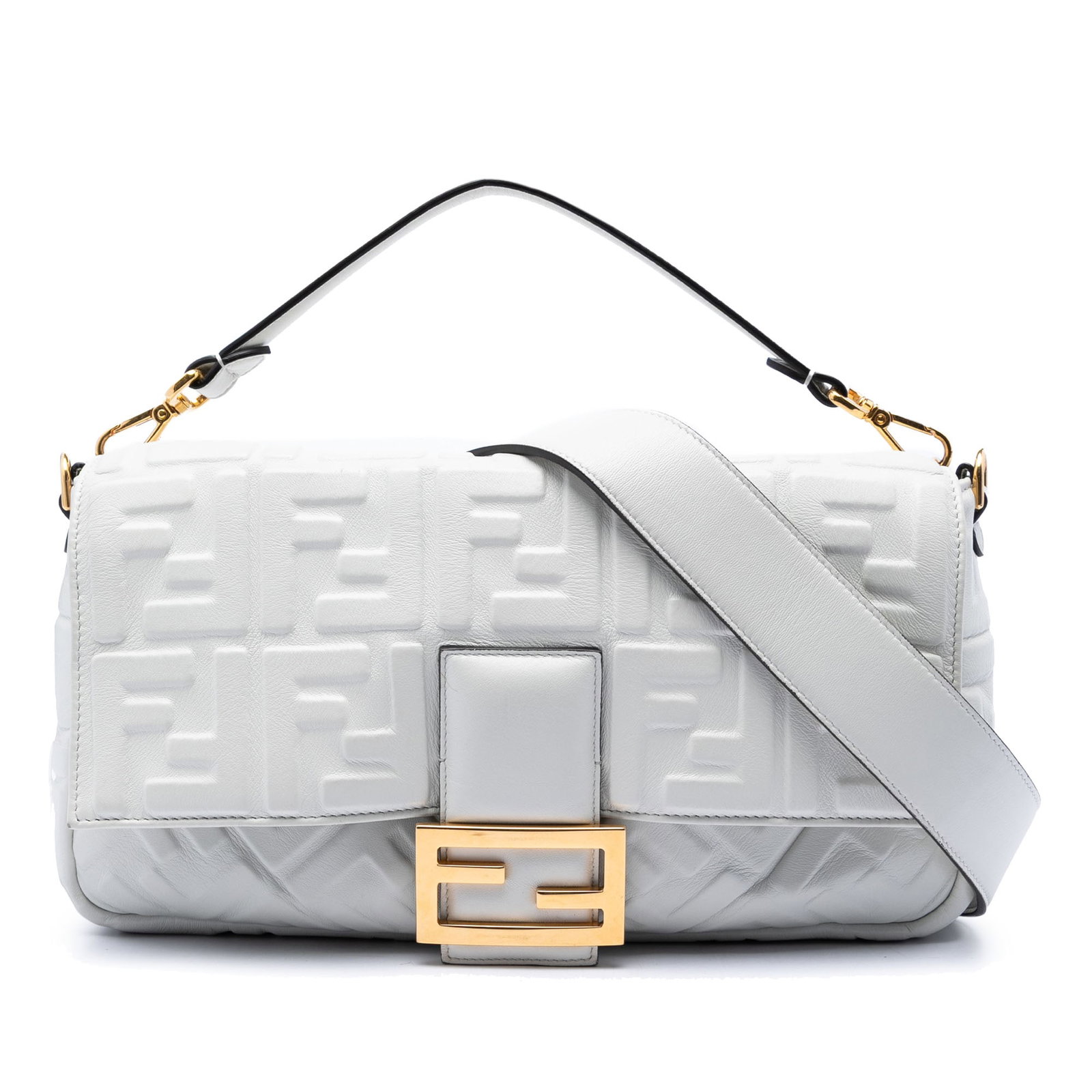 Fendi Zucca Embossed Leather Baguette Satchel White: Fendi Zucca Embossed Leather Baguette Satchel White This Fendi Large Zucca Embossed Leather Baguette Satchel features a white embossed leather body, a detachable top handle, and a detachable flat leat
