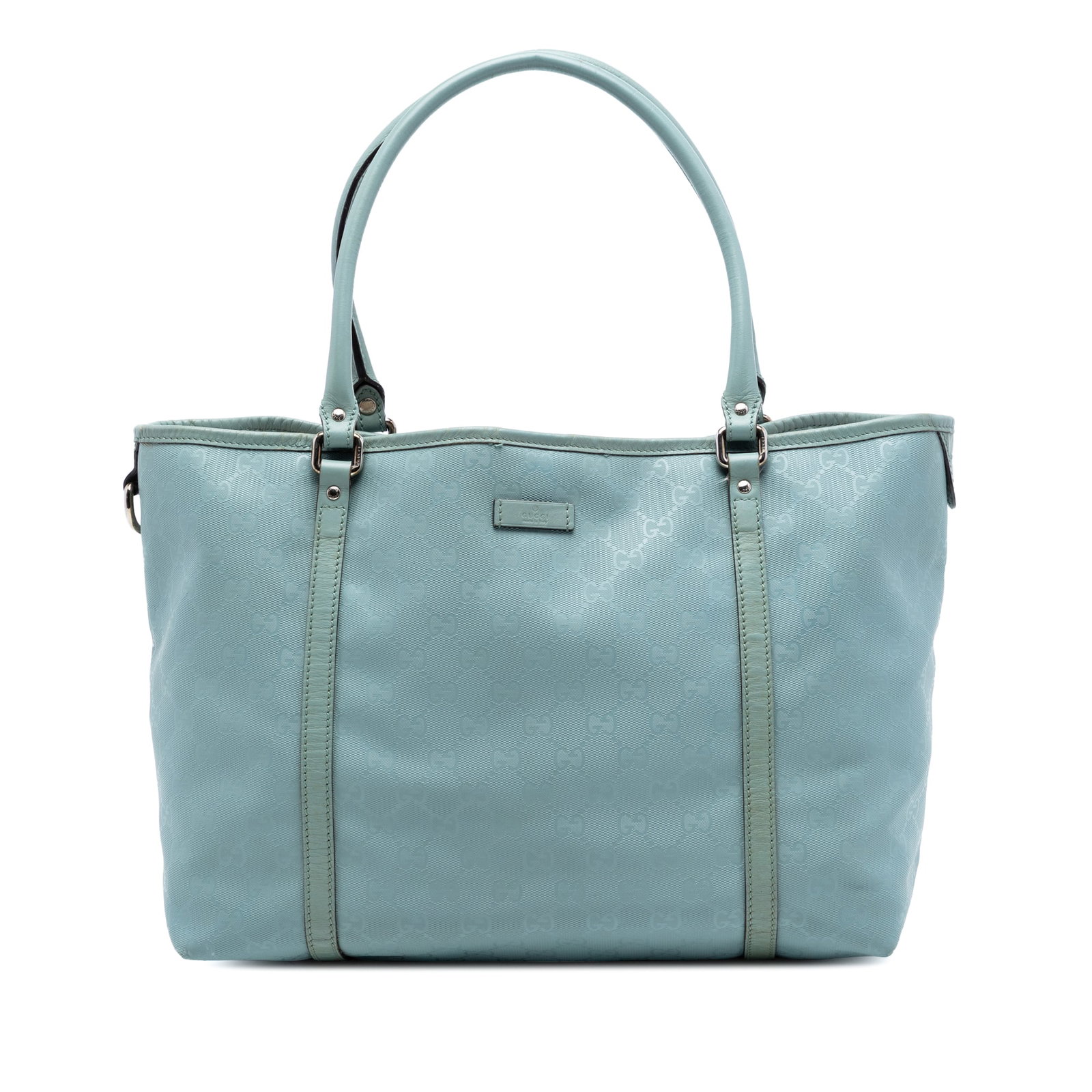 Gucci Joy Tote Medium GG Imprime Blue Coated Canvas: Gucci Joy Tote Medium GG Imprime Blue Coated Canvas This Gucci Medium GG Imprime Joy Tote features a coated canvas body with leather trim, rolled leather handles, an open top with magnetic snap closur