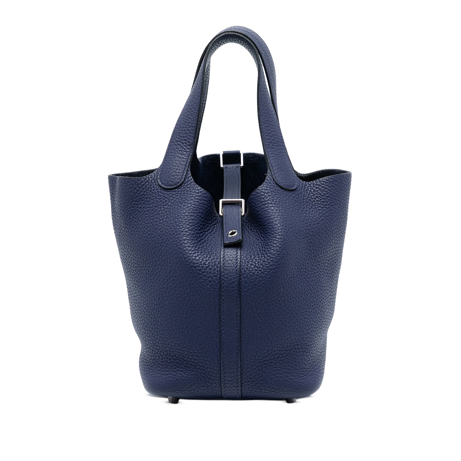 Bleu Nuit Clemence Leather Picotin Lock 18 Handbag by Hermes: Bleu Nuit Clemence Leather Picotin Lock 18 Handbag by Hermes The Picotin Lock 18 handbag showcases Clemence leather in a Bleu Nuit color, featuring flat leather straps and a top pull-through strap clo