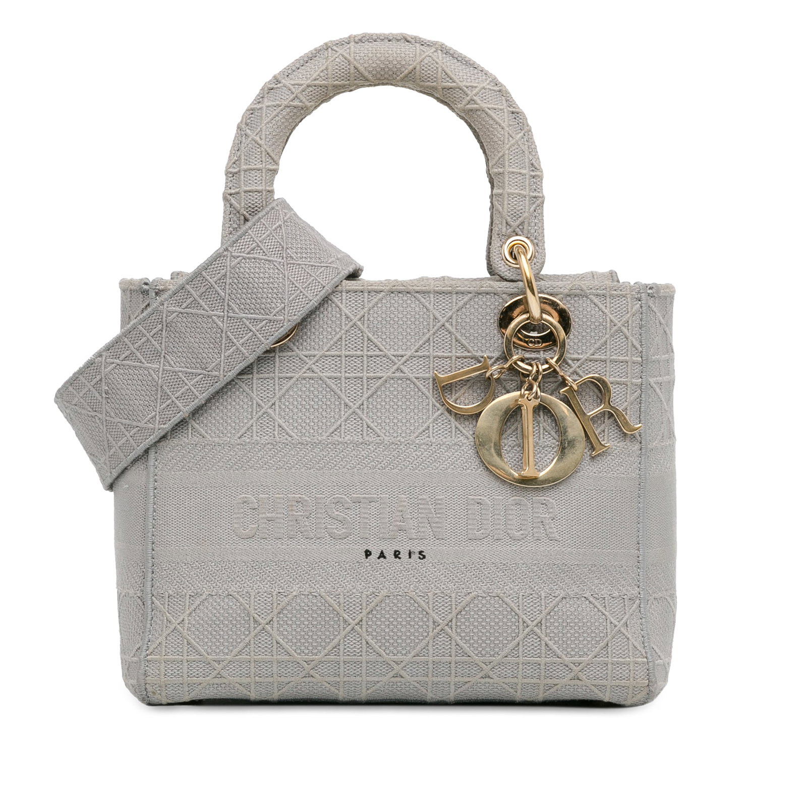 Dior Medium Canvas Cannage Lady D Lite Gray Handbag: Dior Medium Canvas Cannage Lady D Lite Gray Handbag Introducing the Dior Medium Canvas Cannage Lady D Lite, a stylish and versatile handbag crafted from durable fabric. This elegant bag features flat 