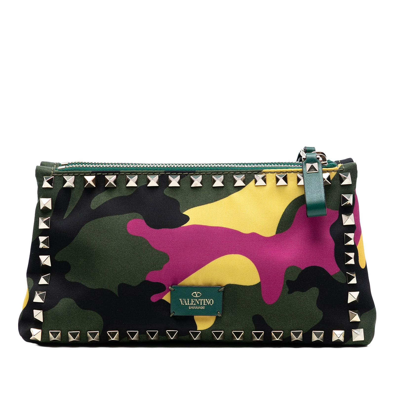Valentino Camouflage Nylon Clutch with Double Zipper and Rockstud Accents: Valentino Camouflage Nylon Clutch with Double Zipper and Rockstud Accents This Valentino clutch bag features a green nylon body with distinctive rockstud detailing and a camouflage design. It offers d