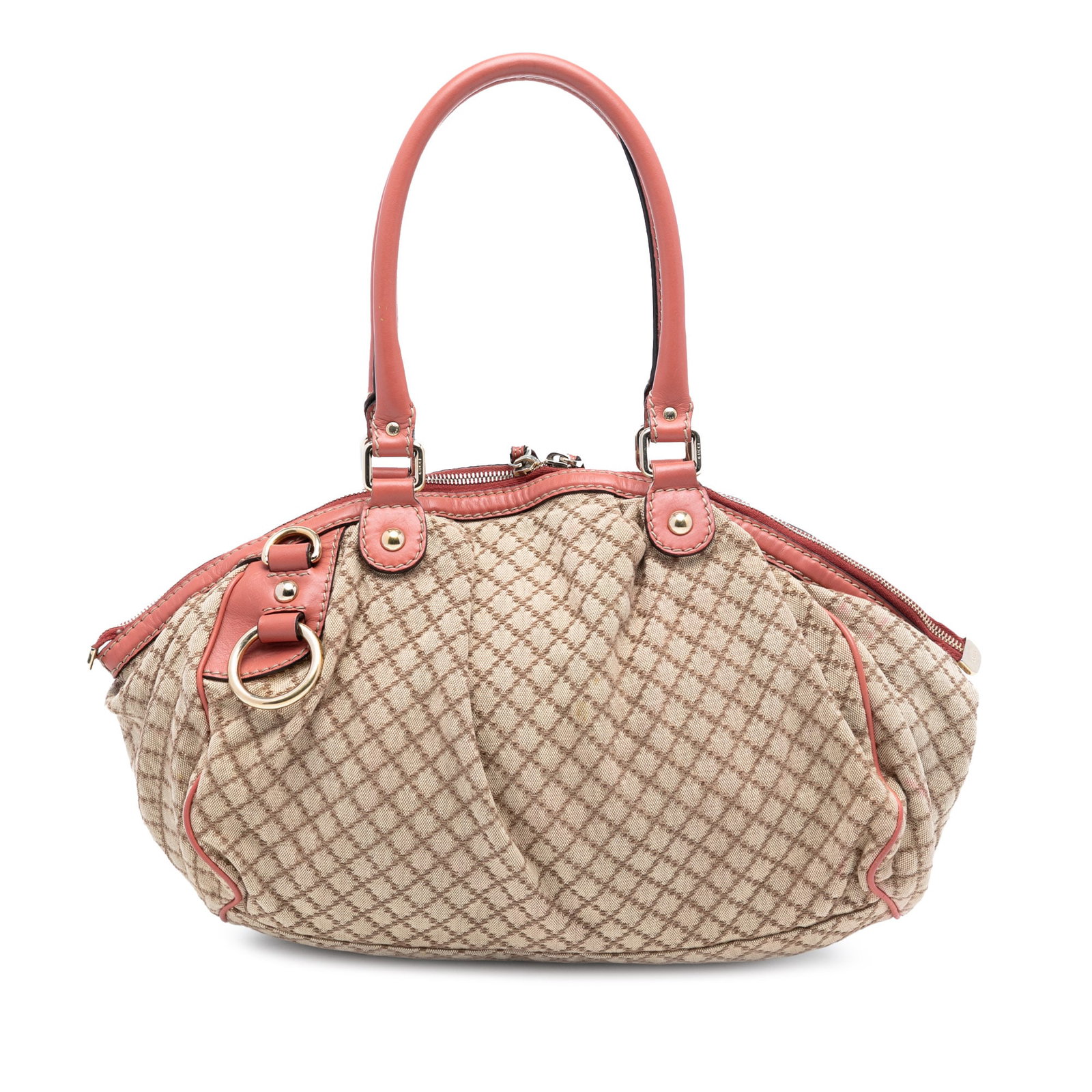 Gucci Sukey Satchel Beige Diamante Canvas with Leather Trim: Gucci Sukey Satchel Beige Diamante Canvas with Leather Trim This Gucci Diamante Canvas Sukey Satchel features a beige canvas body with leather trim, rolled leather handles, a top zip closure, and an i