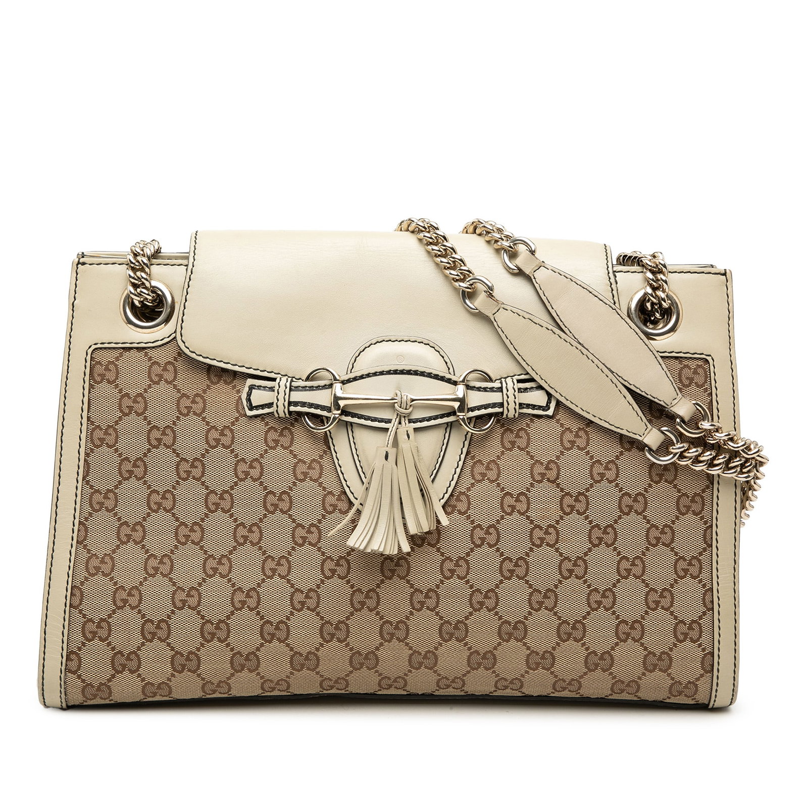 Gucci Emily Beige GG Canvas Shoulder Bag: Gucci Emily Beige GG Canvas Shoulder Bag This Gucci Large GG Canvas Emily Shoulder Bag features a beige canvas body with leather trim, complemented by curb chain straps with leather shoulder guards. T