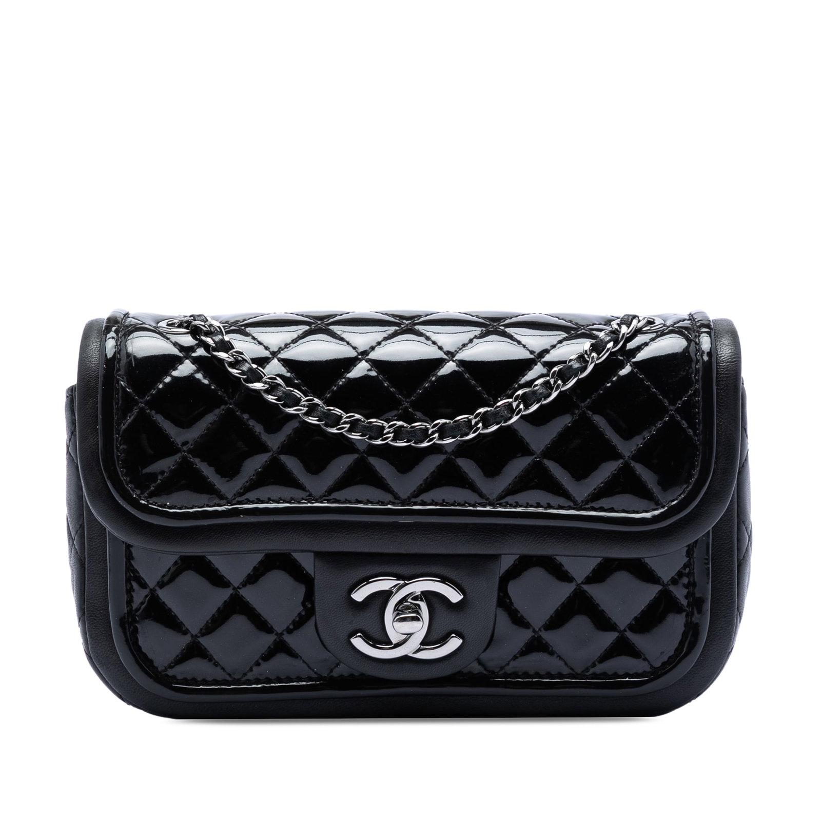 Chanel Classic Twist Flap Quilted Patent Leather Shoulder Bag: Chanel Classic Twist Flap Quilted Patent Leather Shoulder Bag This Chanel Small Quilted Patent and Lambskin Trimmed Classic Twist Flap shoulder bag features a quilted patent leather body with lambskin