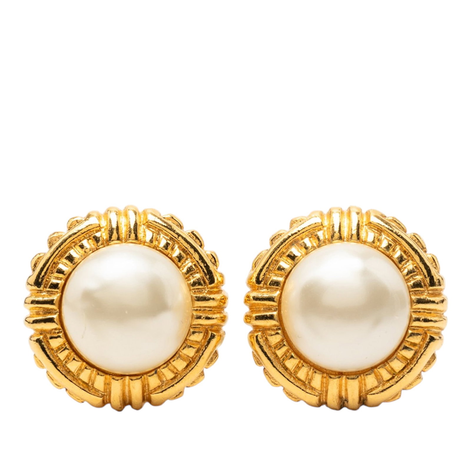 Chanel faux pearl clip on earrings gold tone metal: Chanel faux pearl clip on earrings gold tone metal These Chanel clip-on earrings feature a gold-tone metal body adorned with faux pearl detailing. Designed as costume jewelry, they offer a classic and