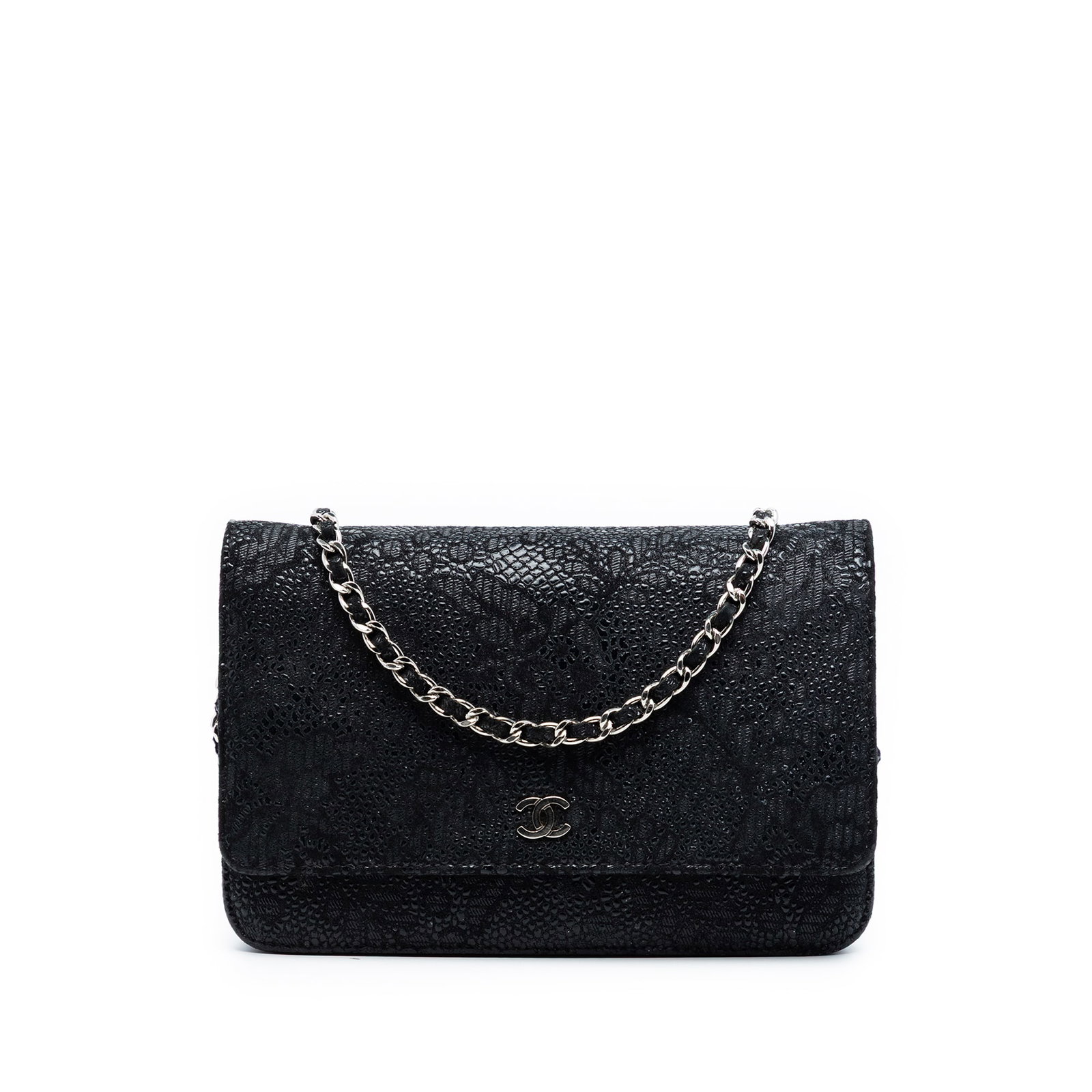 Chanel lace overlay goatskin crossbody wallet bag: Chanel lace overlay goatskin crossbody wallet bag This Chanel CC Lace Overlay Goatskin Wallet On Chain is a sophisticated crossbody bag crafted from goatskin leather with an elegant lace overlay. It f