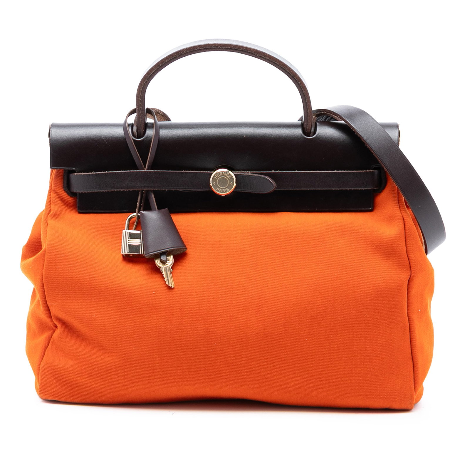 Hermes Herbag Zip 31 Orange Canvas Shoulder Bag with Leather Trim: Hermes Herbag Zip 31 Orange Canvas Shoulder Bag with Leather Trim The Hermes Toile Herbag Zip 31 is a stylish bag featuring a canvas body, a flat leather top handle, a flat leather shoulder strap, a f