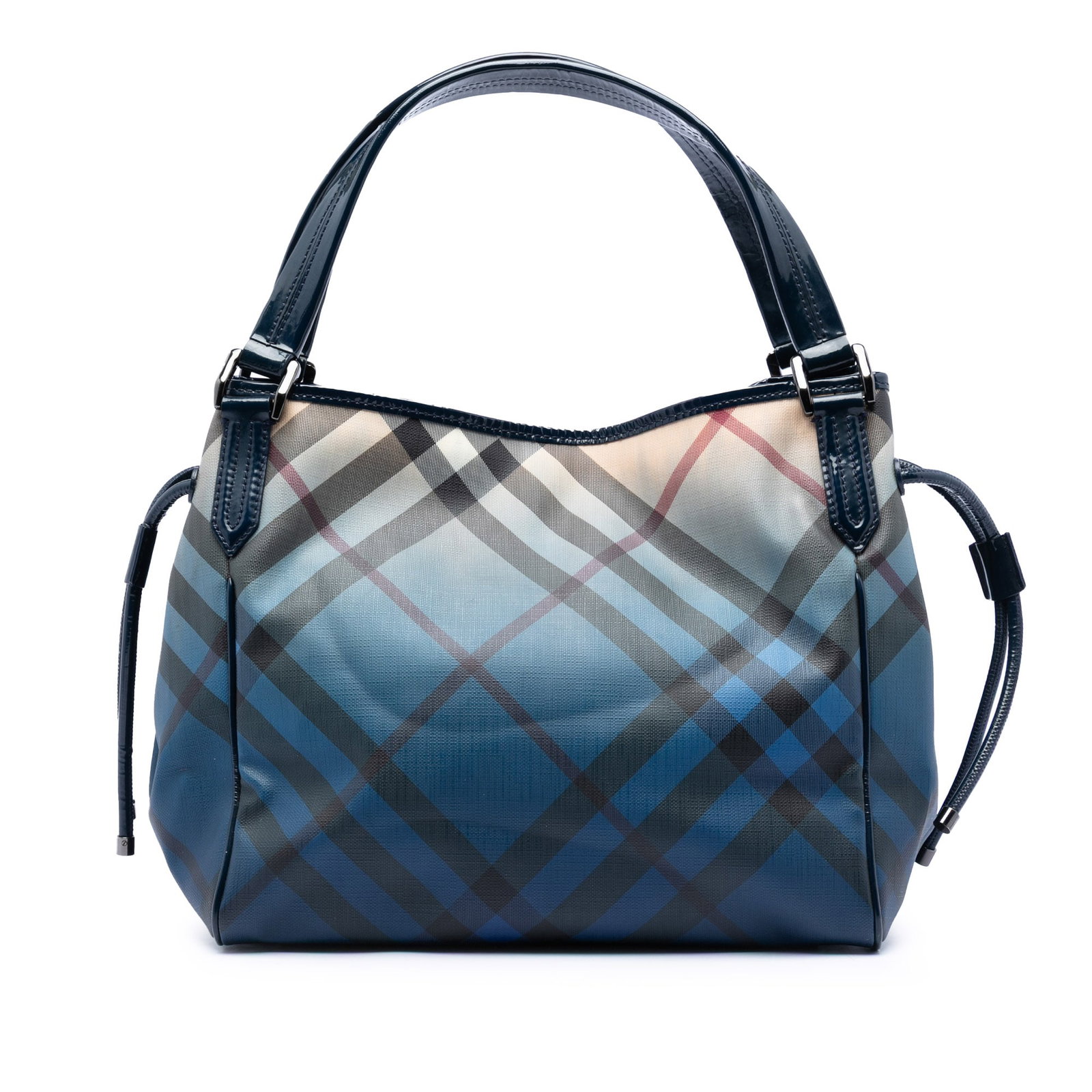 Supernova Check Ombre Bilmore Tote Bag by Burberry in Coated Canvas: Supernova Check Ombre Bilmore Tote Bag by Burberry in Coated Canvas This Burberry Bilmore tote showcases the iconic Supernova Check Ombre pattern on coated canvas, complemented by patent leather trim 