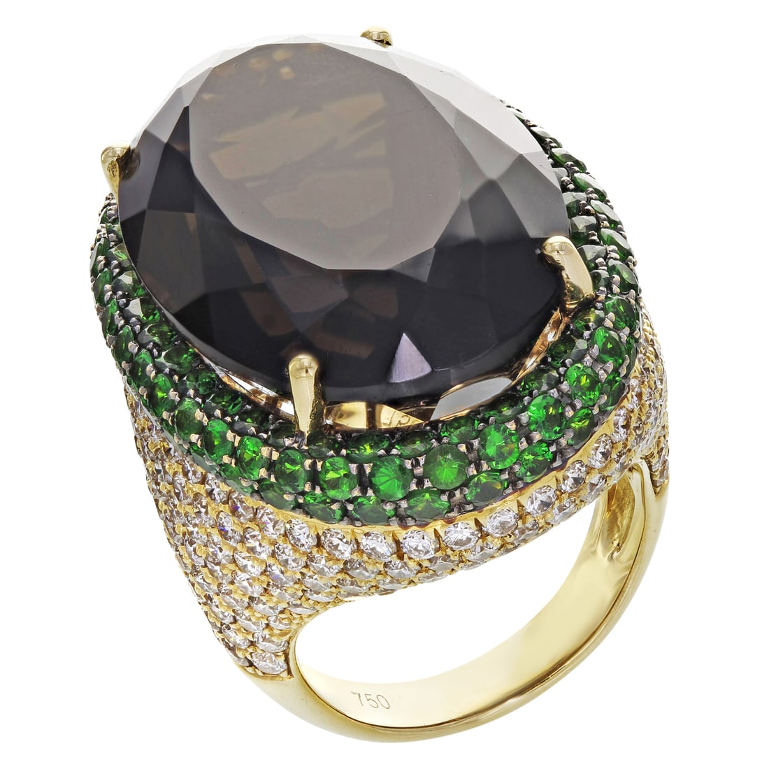 Rachel Koen 18K Yellow Gold Citrine Diamond Tsavorite Cocktail Ring: Rachel Koen 18K Yellow Gold Citrine Diamond Tsavorite Cocktail Ring This stunning cocktail ring by Rachel Koen is a true statement piece, crafted in luxurious 18K yellow gold. It showcases a spectacul