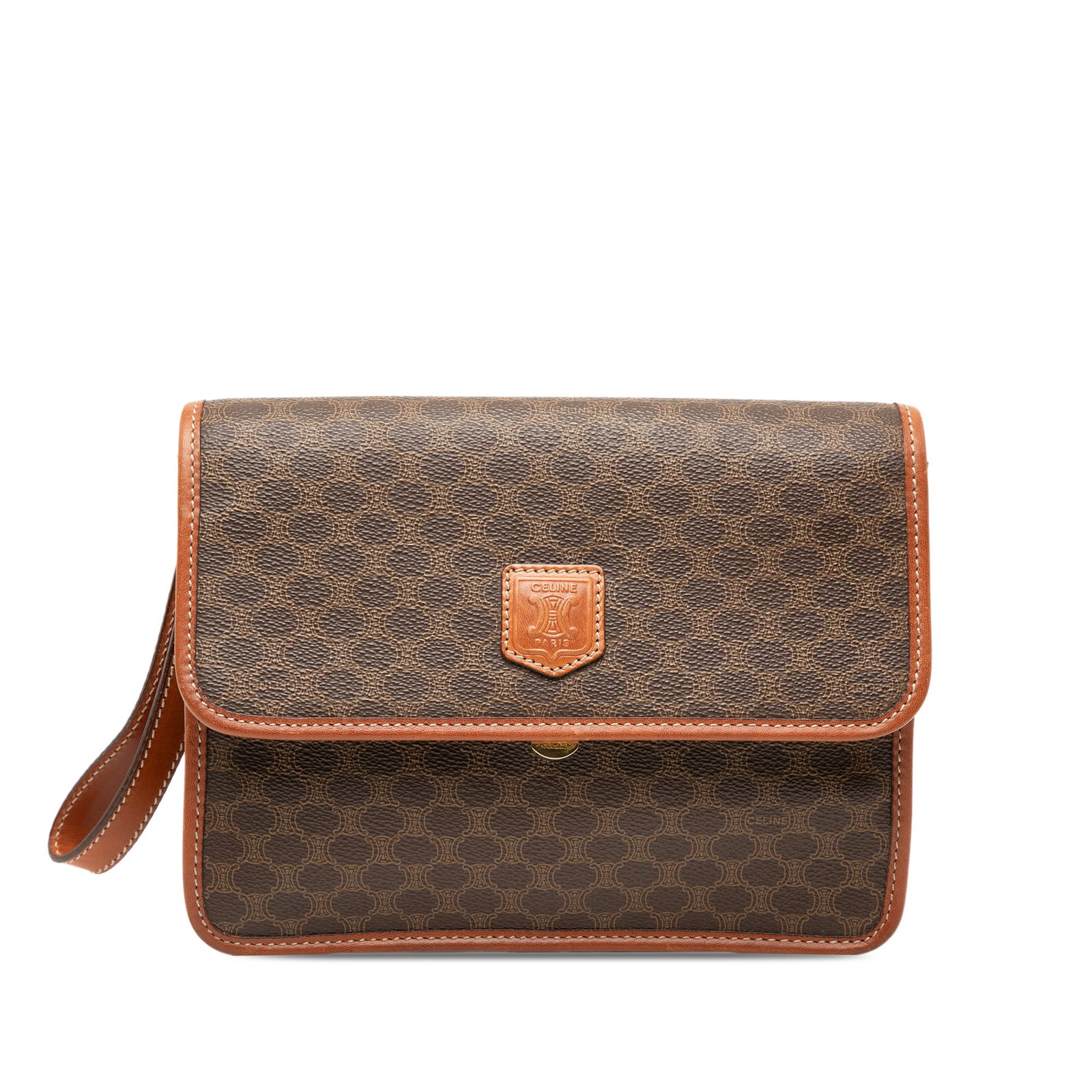 Celine Macadam brown coated canvas wristlet clutch: Celine Macadam brown coated canvas wristlet clutch This Celine Macadam clutch features a coated canvas exterior with leather trim, complemented by a flat leather wrist strap. The bag is designed with 