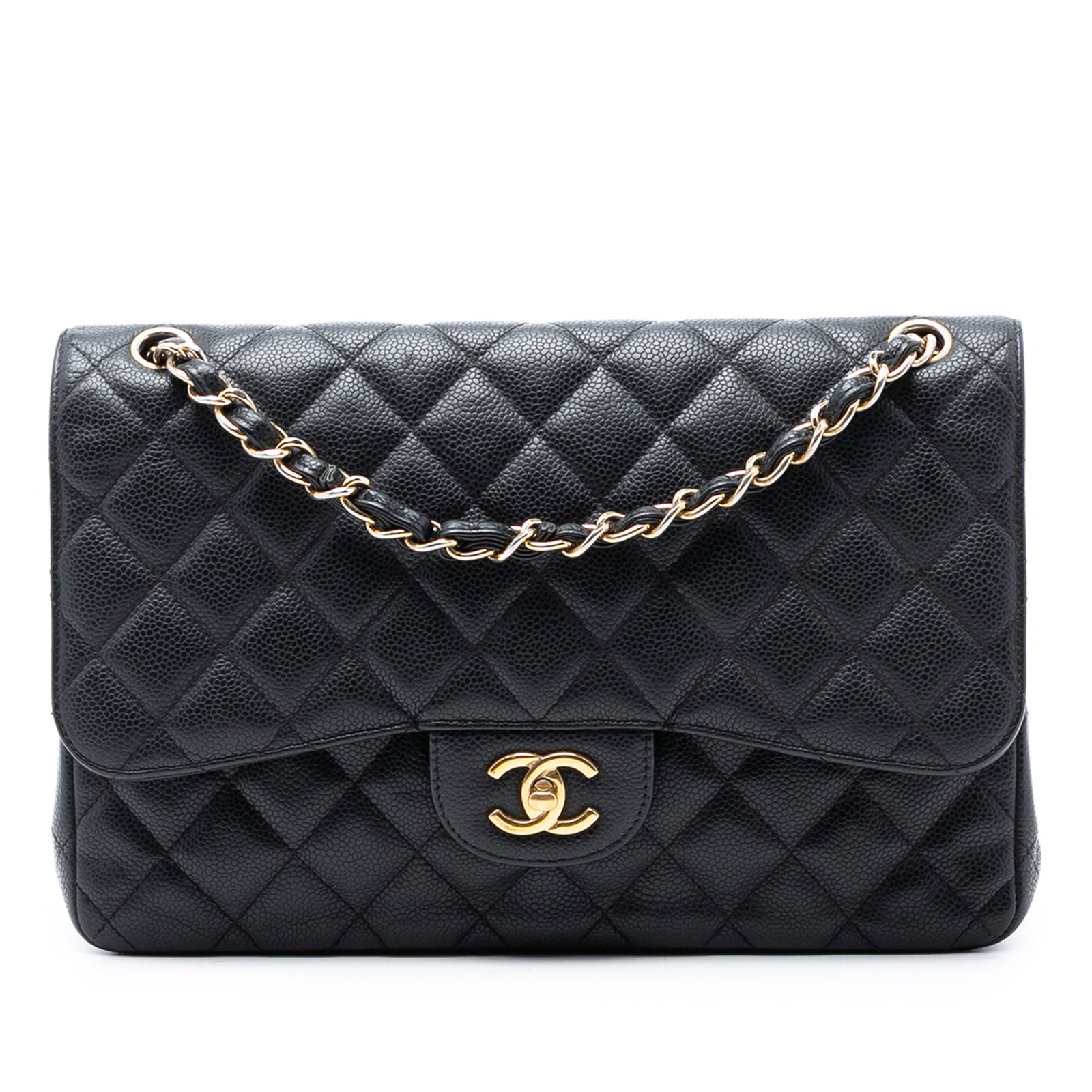 Black Chanel Jumbo Classic Caviar Leather Double Flap Shoulder Bag: Black Chanel Jumbo Classic Caviar Leather Double Flap Shoulder Bag This Chanel Jumbo Classic Double Flap shoulder bag is crafted from quilted black caviar leather and features leather-woven chain stra