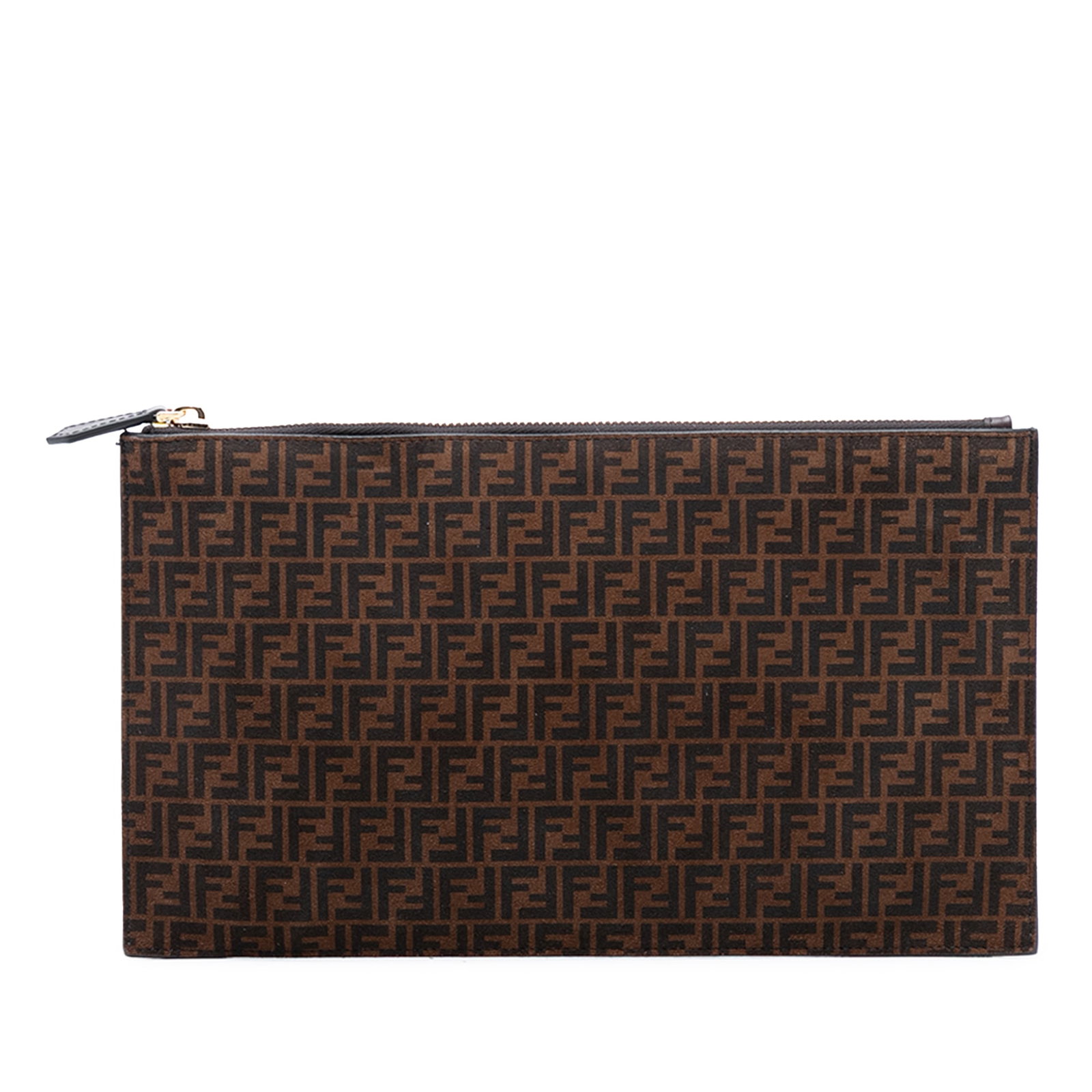 Fendi Brown Suede Zucchino Pattern Clutch with Top Zip: Fendi Brown Suede Zucchino Pattern Clutch with Top Zip This Fendi Zucchino Suede Clutch features a suede body with a top zip closure and is finished in brown. The exterior and interior show signs of w