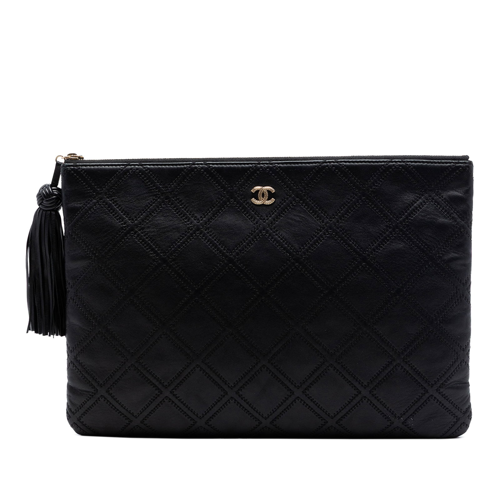 Chanel black quilted lambskin O Case tassel clutch: Chanel black quilted lambskin O Case tassel clutch This Chanel Large Quilted Lambskin Double Stitch Tassel O Case Clutch features a black quilted lambskin leather exterior with a signature double stit