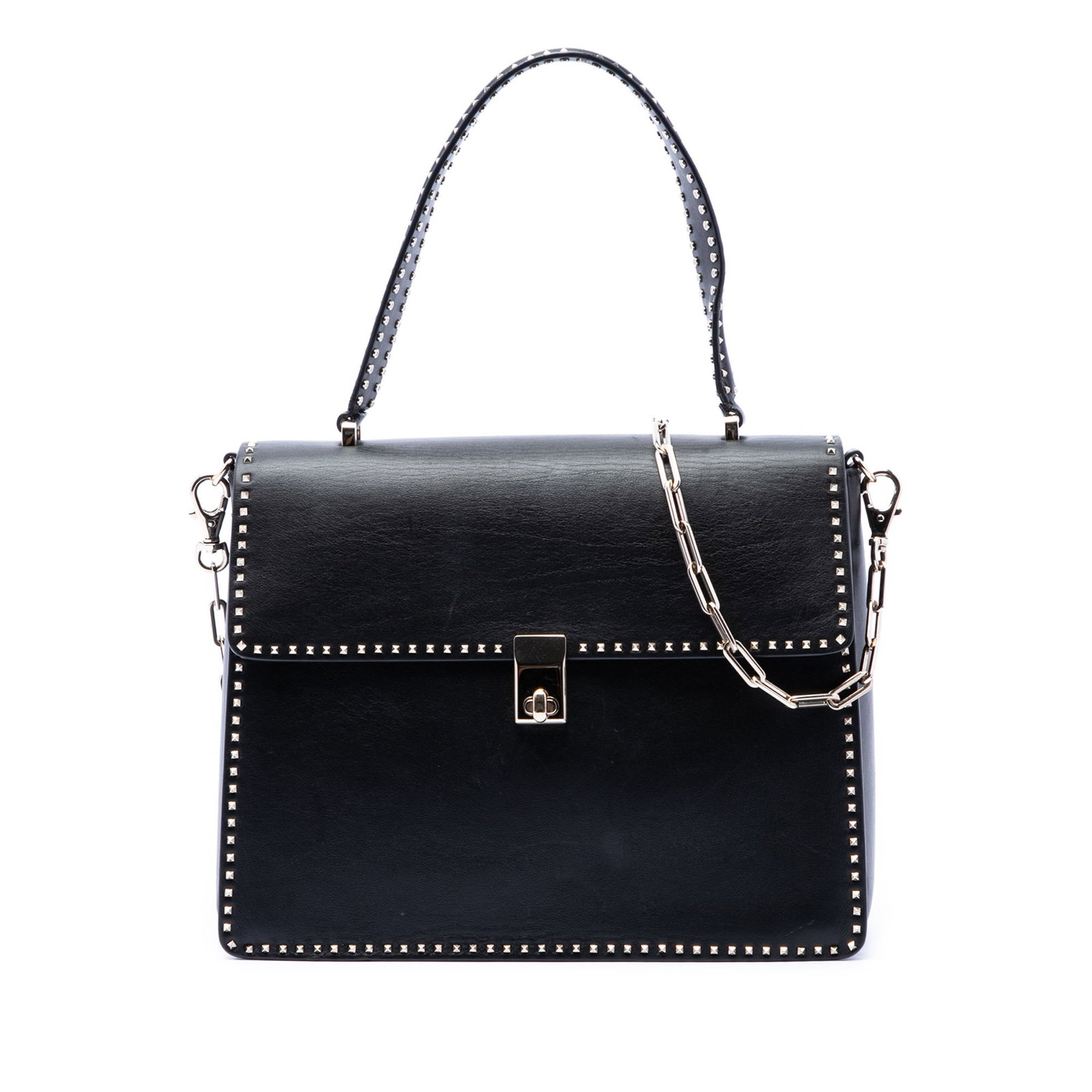 Valentino studded leather satchel with chain strap: Valentino studded leather satchel with chain strap This Valentino Leather Rockstud Top Handle Bag features a black studded leather exterior with a flat studded leather handle and a chain-link shoulder