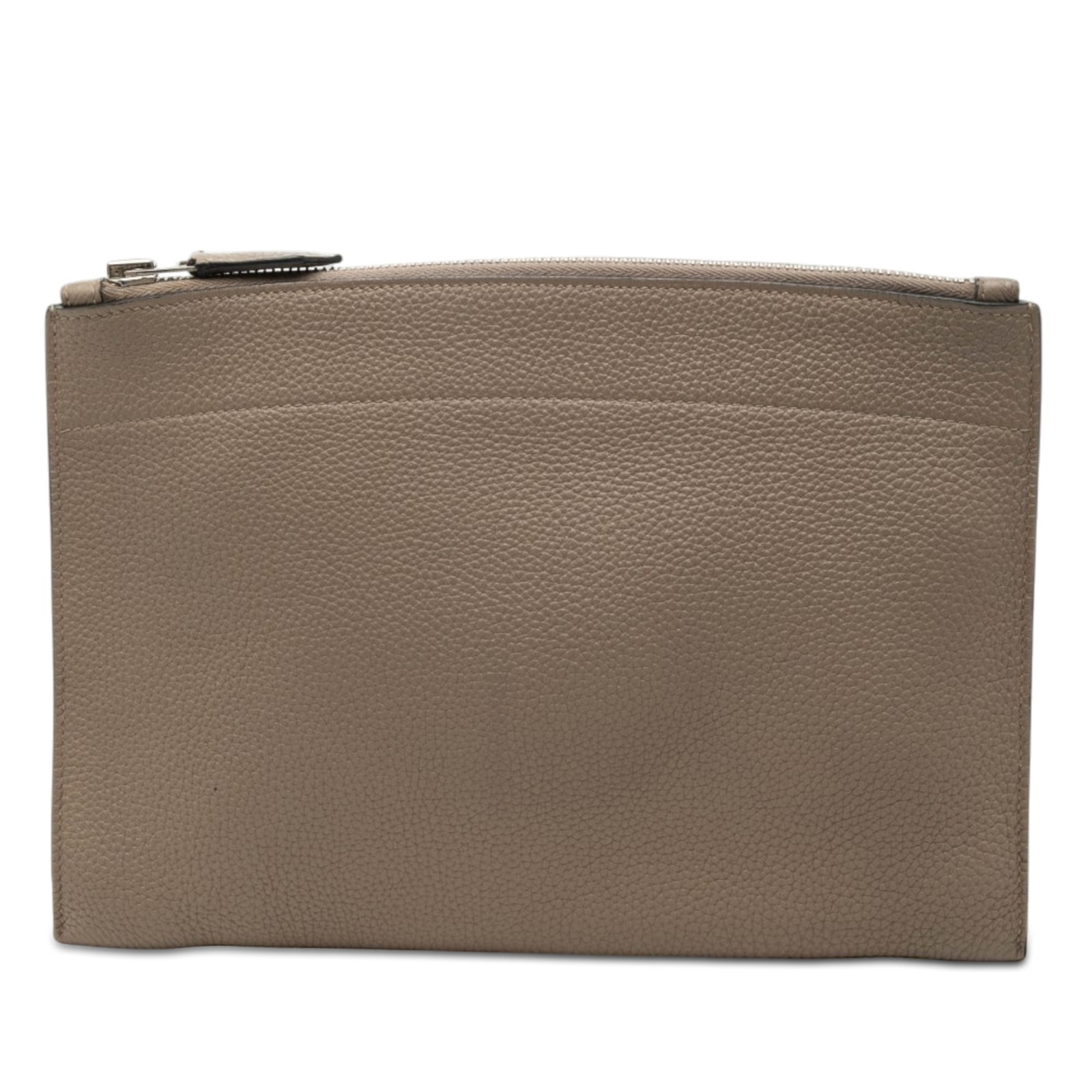 Hermes Etoupe Leather Bazar PM Zip Pouch: Hermes Etoupe Leather Bazar PM Zip Pouch This Hermes Bazar PM pouch is crafted from Togo leather in an Etoupe brown color and features a top zip closure. The pouch shows signs of use, including stains