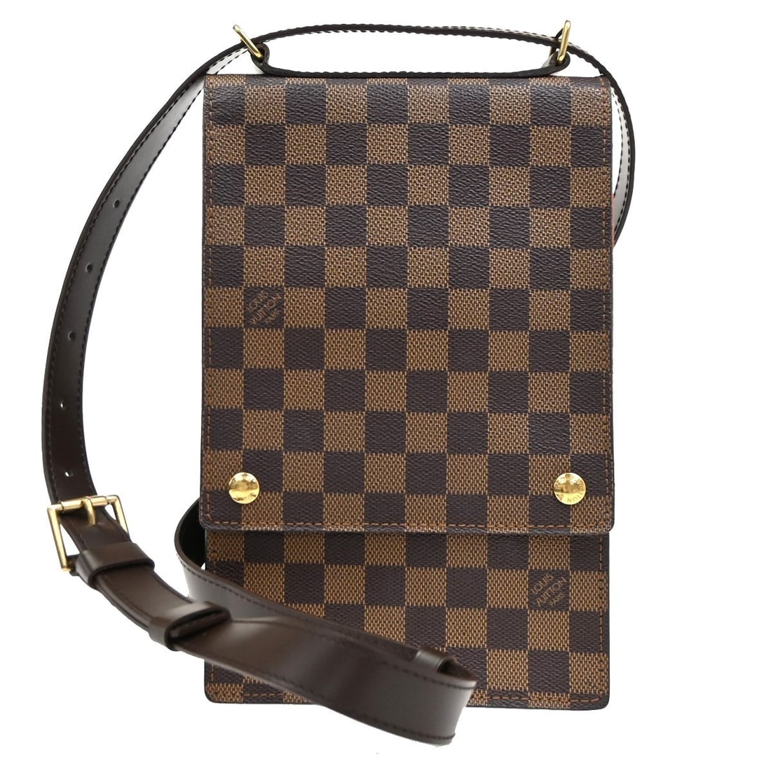 Louis Vuitton Damier Canvas Portobello Messenger Bag Brown: Louis Vuitton Damier Canvas Portobello Messenger Bag Brown Louis Vuitton Portobello Messenger bag for women crafted from brown canvas. Features an exterior pocket with visible wear including scuffs, d