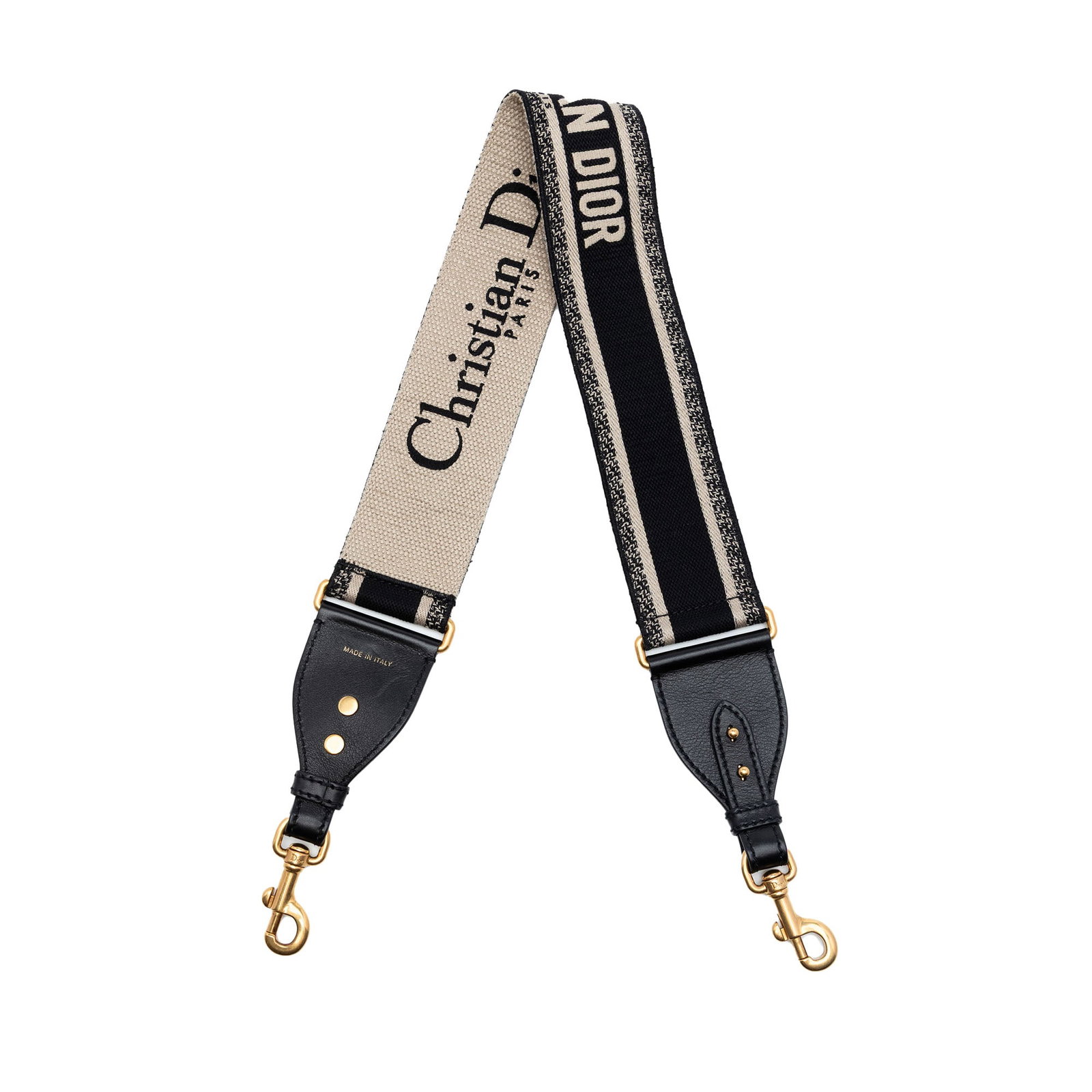 Dior Black Canvas Leather Trim Shoulder Strap: Dior Black Canvas Leather Trim Shoulder Strap This Dior shoulder strap features a canvas body with leather trim, accented by an embroidered logo design. It is equipped with metal claw clasp closures f