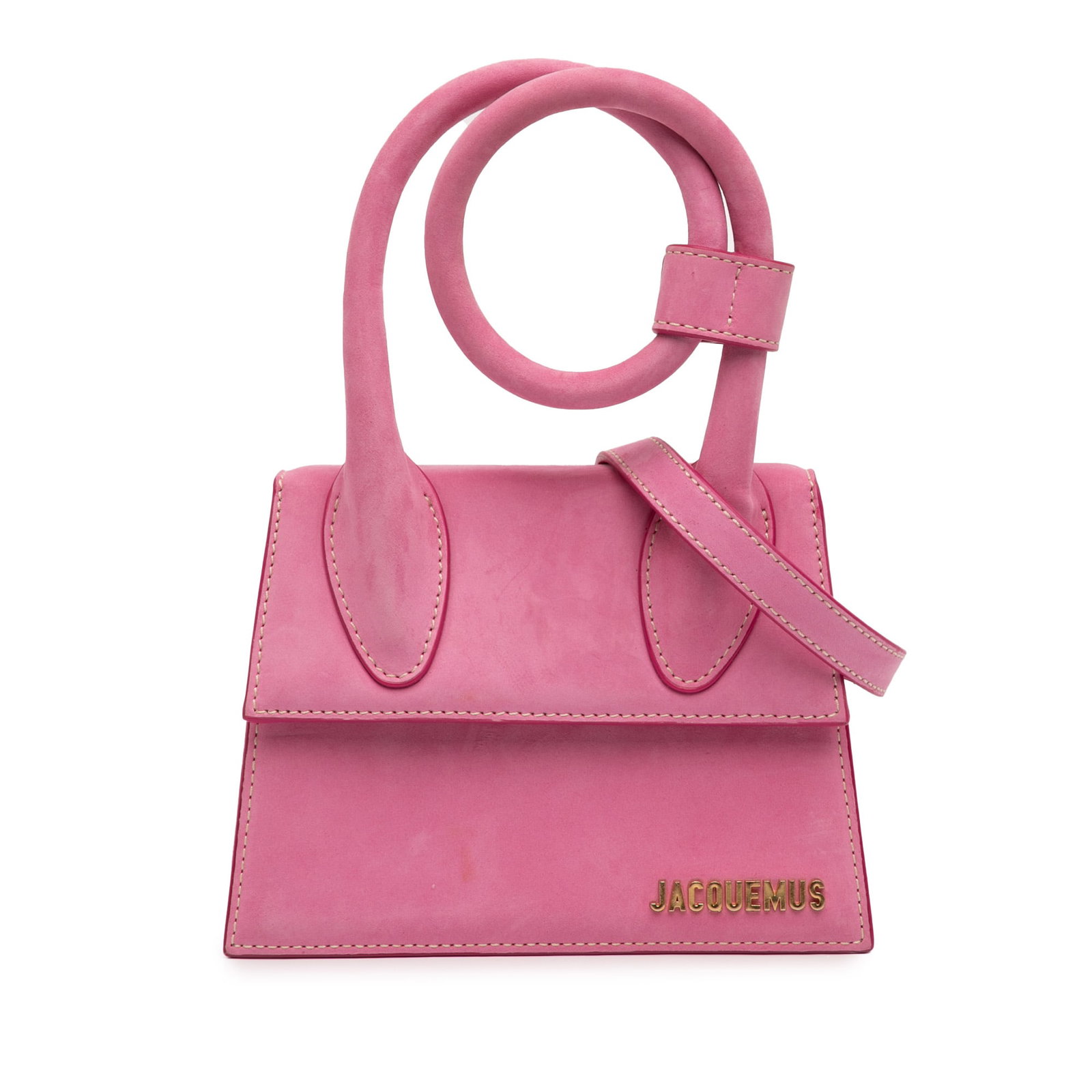 Jacquemus Le Chiquito Noeud Pink Nubuck Bag: Jacquemus Le Chiquito Noeud Pink Nubuck Bag This Jacquemus Nubuck Le Chiquito Noeud bag features a nubuck leather body in pink, complemented by a coiled leather handle and a detachable flat leather sh