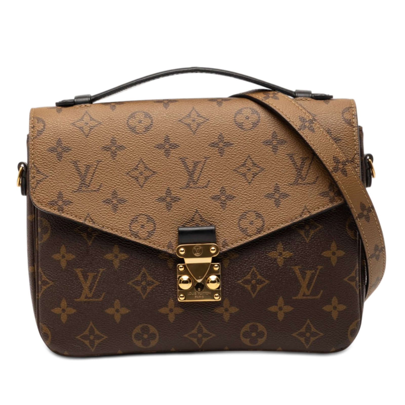 Louis Vuitton Reverse Monogram Pochette Metis Shoulder Bag with S-Lock: Louis Vuitton Reverse Monogram Pochette Metis Shoulder Bag with S-Lock The Louis Vuitton Monogram Reverse Pochette Metis features a monogram canvas body with a flat leather top handle and a detachable