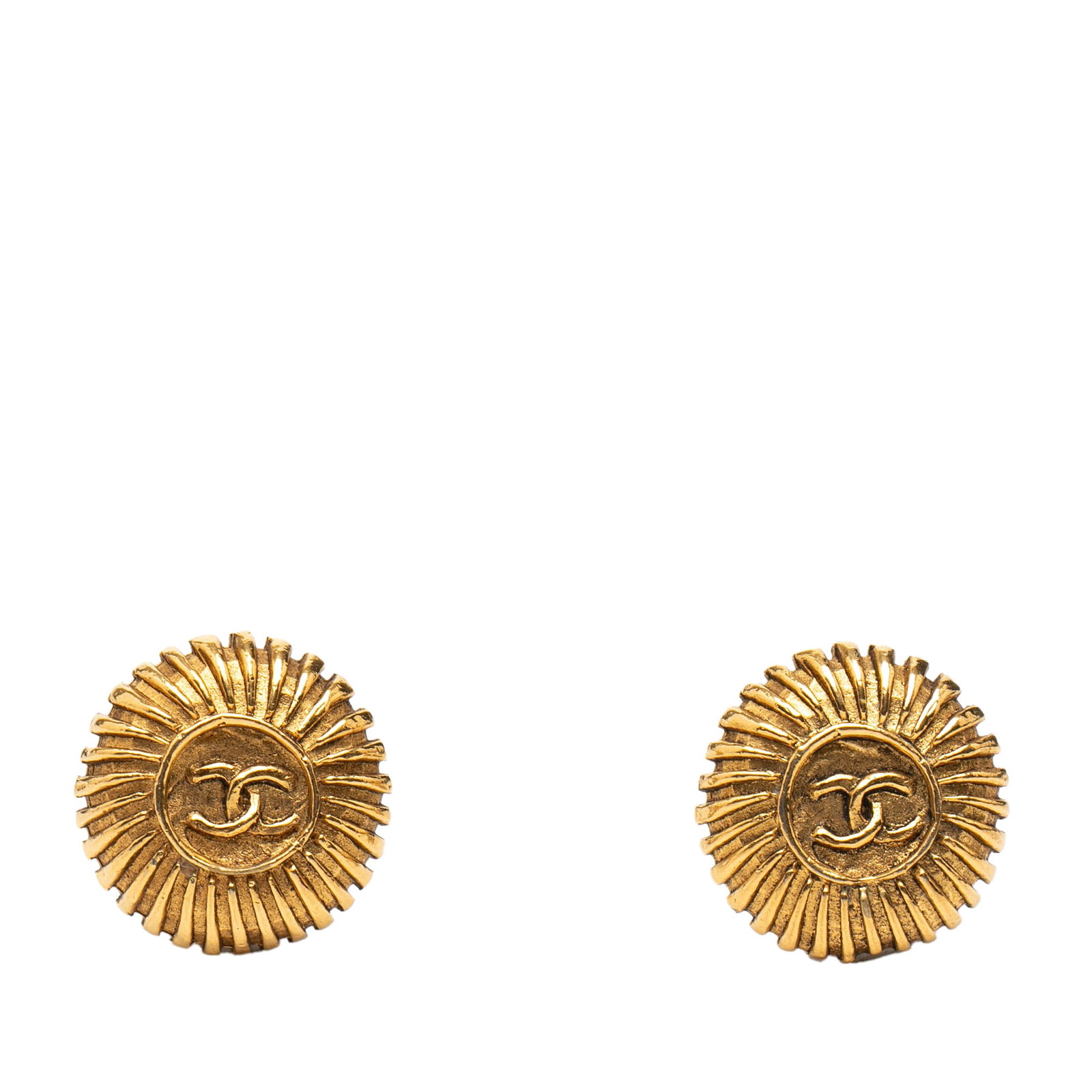 Chanel Round Clip Earrings Gold Plated Metal CC Logo: Chanel Round Clip Earrings Gold Plated Metal CC Logo These Chanel CC round clip-on earrings feature gold-plated metal bodies with a classic clip-on closure. Designed as costume jewelry, they showcase 