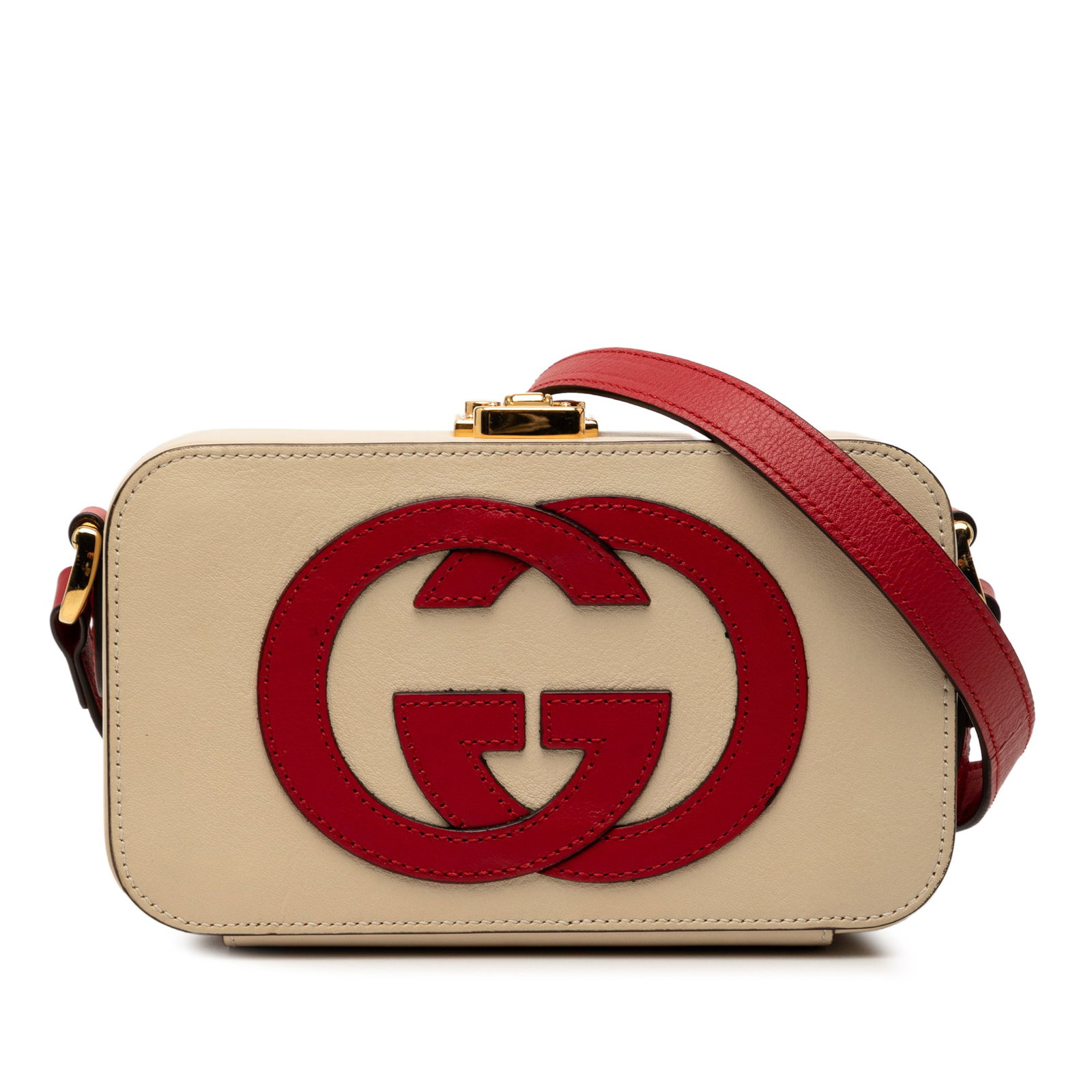 Beige Leather Crossbody Bag with Interlocking G by Gucci: Beige Leather Crossbody Bag with Interlocking G by Gucci This Gucci crossbody bag showcases a beige leather body with an adjustable flat leather strap. It is designed with a top push lock closure and