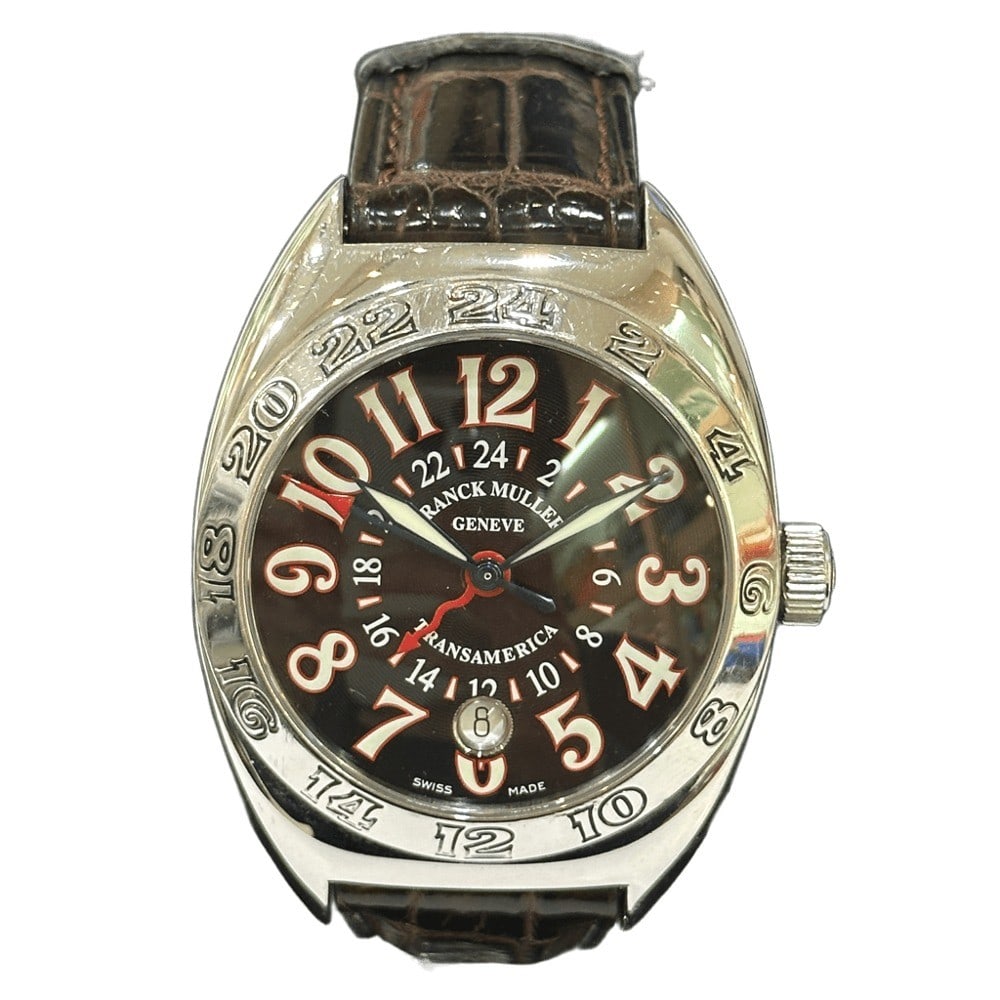 Franck Muller GMT Date Transamerica Worldwide Men's Automatic Watch: Franck Muller GMT Date Transamerica Worldwide Men's Automatic Watch This pre-owned Franck Muller Transamerica Worldwide men's wristwatch features a stainless steel case with a black dial and a leather
