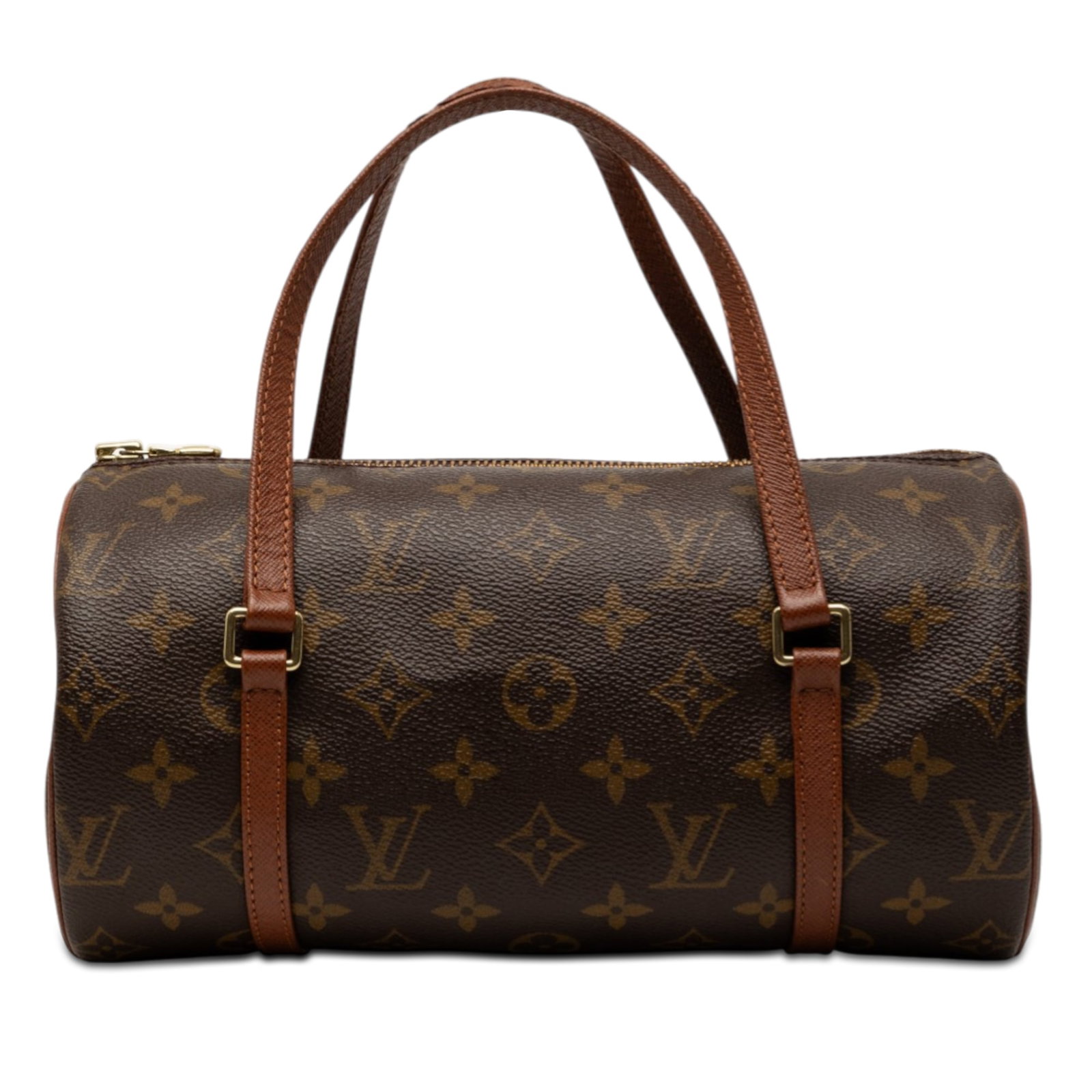 Louis Vuitton Papillon 26 Brown Monogram Canvas Handbag with Leather Handles: Louis Vuitton Papillon 26 Brown Monogram Canvas Handbag with Leather Handles The Louis Vuitton Monogram Papillon 26 features the brand's signature monogram canvas with leather handles and a top zip cl