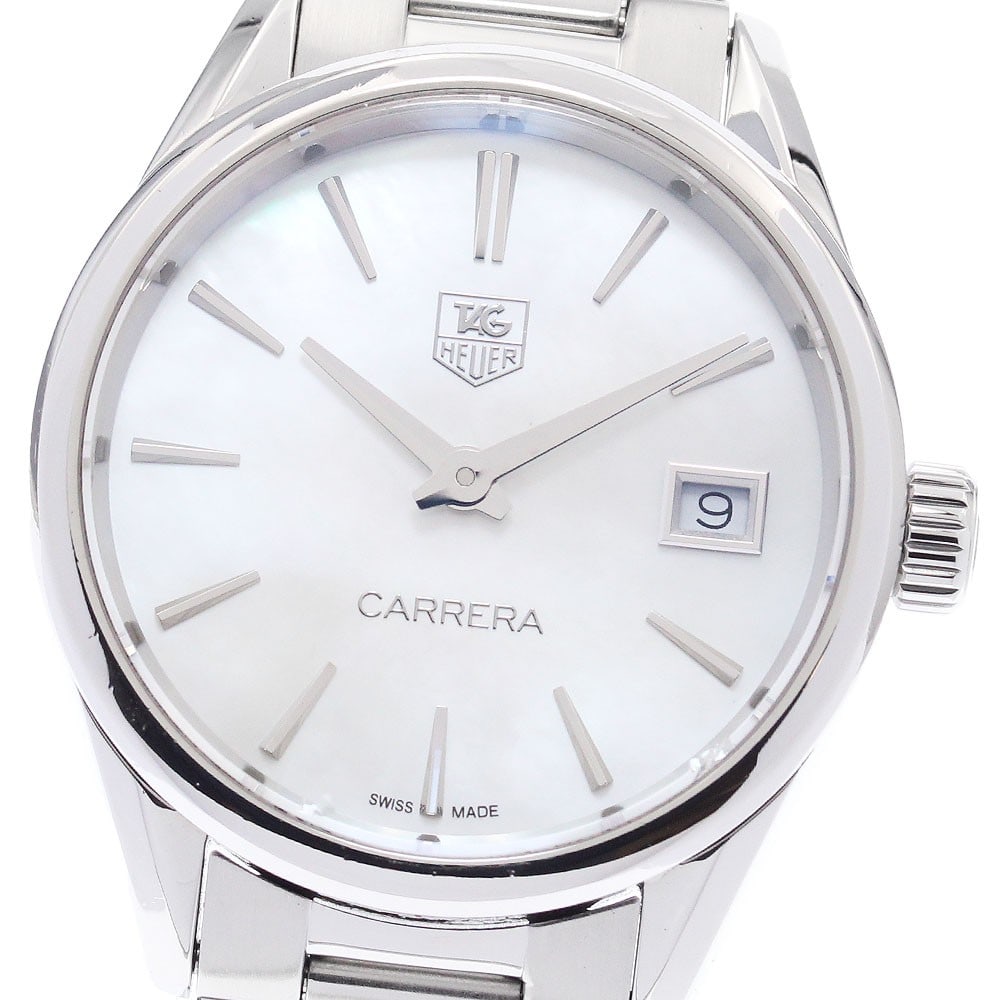 TAG Heuer Carrera Date Quartz Ladies Stainless Steel Watch WAR1311-0: TAG Heuer Carrera Date Quartz Ladies Stainless Steel Watch WAR1311-0 This TAG Heuer Carrera Date Shell Quartz ladies wristwatch features a stainless steel case and bracelet, complemented by a white mo