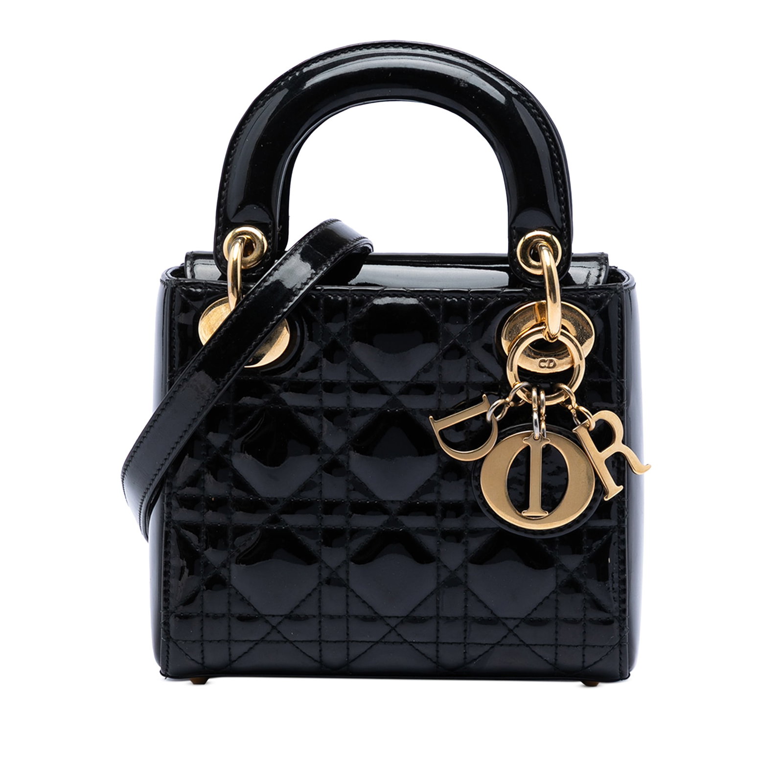Dior Mini Cannage Patent Leather Lady Bag Black: Dior Mini Cannage Patent Leather Lady Bag Black This Mini Patent Cannage Lady Dior bag is crafted from quilted patent leather in black and features flat top handles, a detachable flat leather strap, a