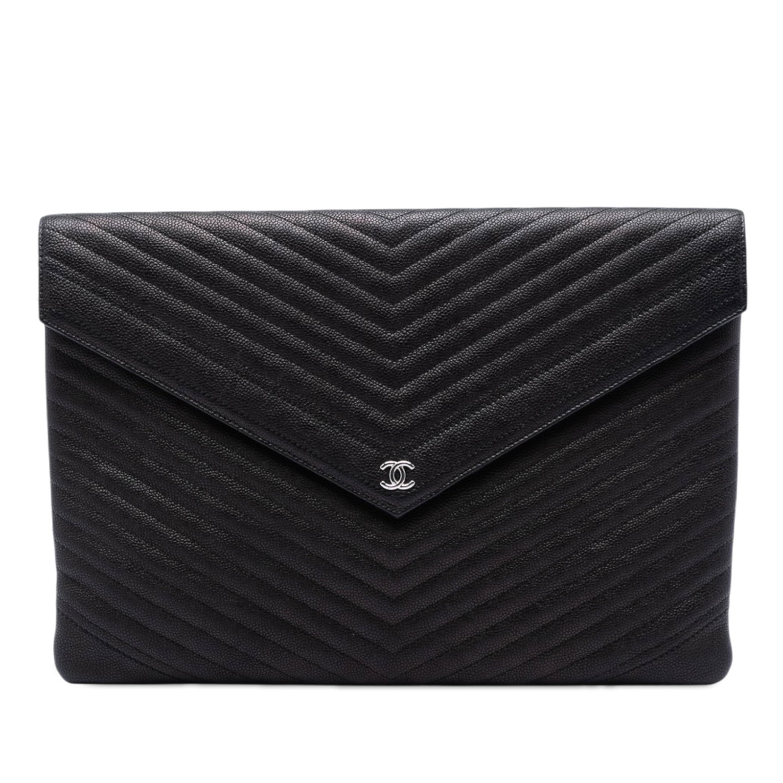 Chanel Caviar Leather Envelope Clutch Black: Chanel Caviar Leather Envelope Clutch Black This Chanel Large Chevron Caviar Statement Envelope Clutch features a quilted caviar leather exterior in black with a chevron pattern and a front flap closu