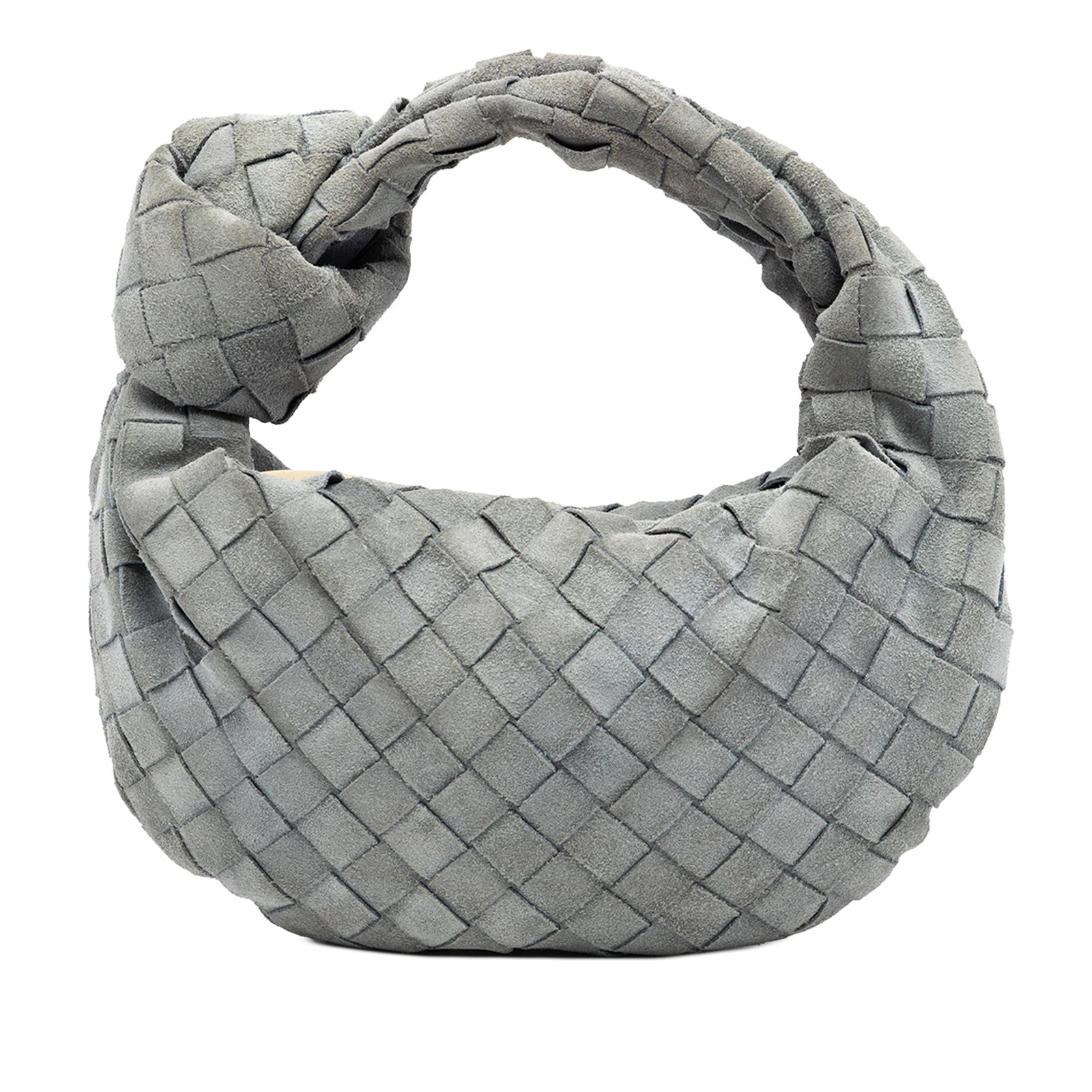 Bottega Veneta Mini Suede Jodie Bag Gray Leather: Bottega Veneta Mini Suede Jodie Bag Gray Leather This Bottega Veneta Mini Suede Intrecciato Jodie bag features the brand's signature woven leather construction with a knotted woven handle and a top zi