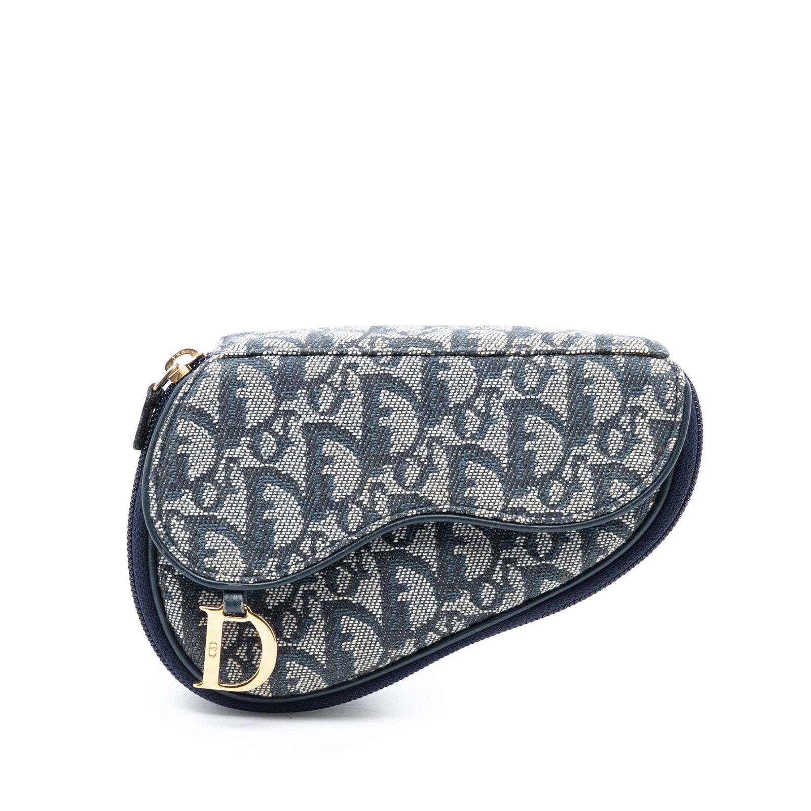 Dior Diorissimo Blue Canvas Saddle Pouch with Leather Trim: Dior Diorissimo Blue Canvas Saddle Pouch with Leather Trim This Diorissimo Canvas Saddle Pouch features a canvas body with leather trim, a front flap, and a zip-around closure. The pouch is in blue an