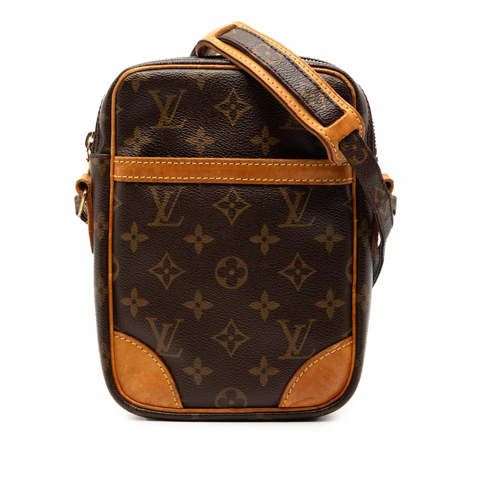 Louis Vuitton Danube Crossbody Bag in Monogram Canvas with Leather Trim: Louis Vuitton Danube Crossbody Bag in Monogram Canvas with Leather Trim The Louis Vuitton Monogram Danube features a monogram canvas body with vachetta leather trim, an adjustable flat monogram strap 