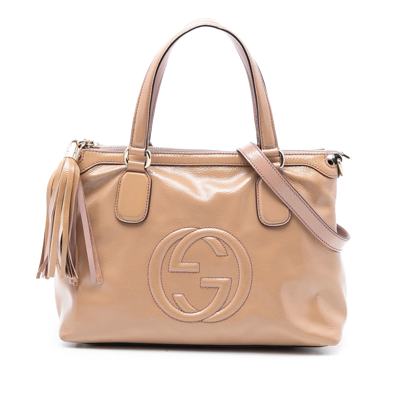 Gucci Soho Patent Leather Small Satchel with Detachable Strap: Gucci Soho Patent Leather Small Satchel with Detachable Strap The Gucci Small Patent Soho Working Satchel features a beige patent leather body with flat leather handles and a detachable flat leather s