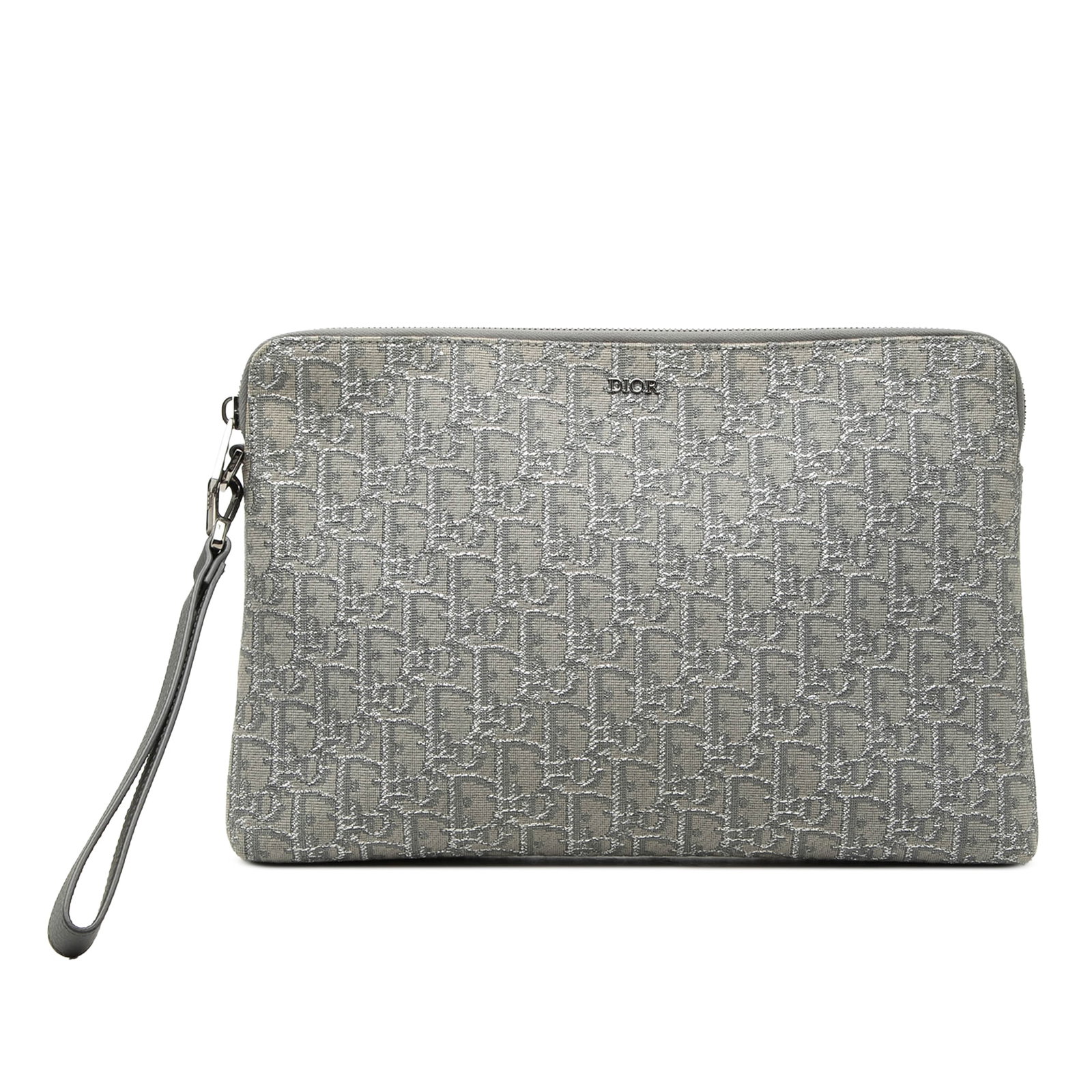Dior Oblique A4 Zip Canvas Clutch Bag: Dior Oblique A4 Zip Canvas Clutch Bag This Dior Oblique Canvas A4 Zipped Pouch is crafted in Italy and features an embroidered canvas body in gray, complemented by a flat leather wrist strap and a top