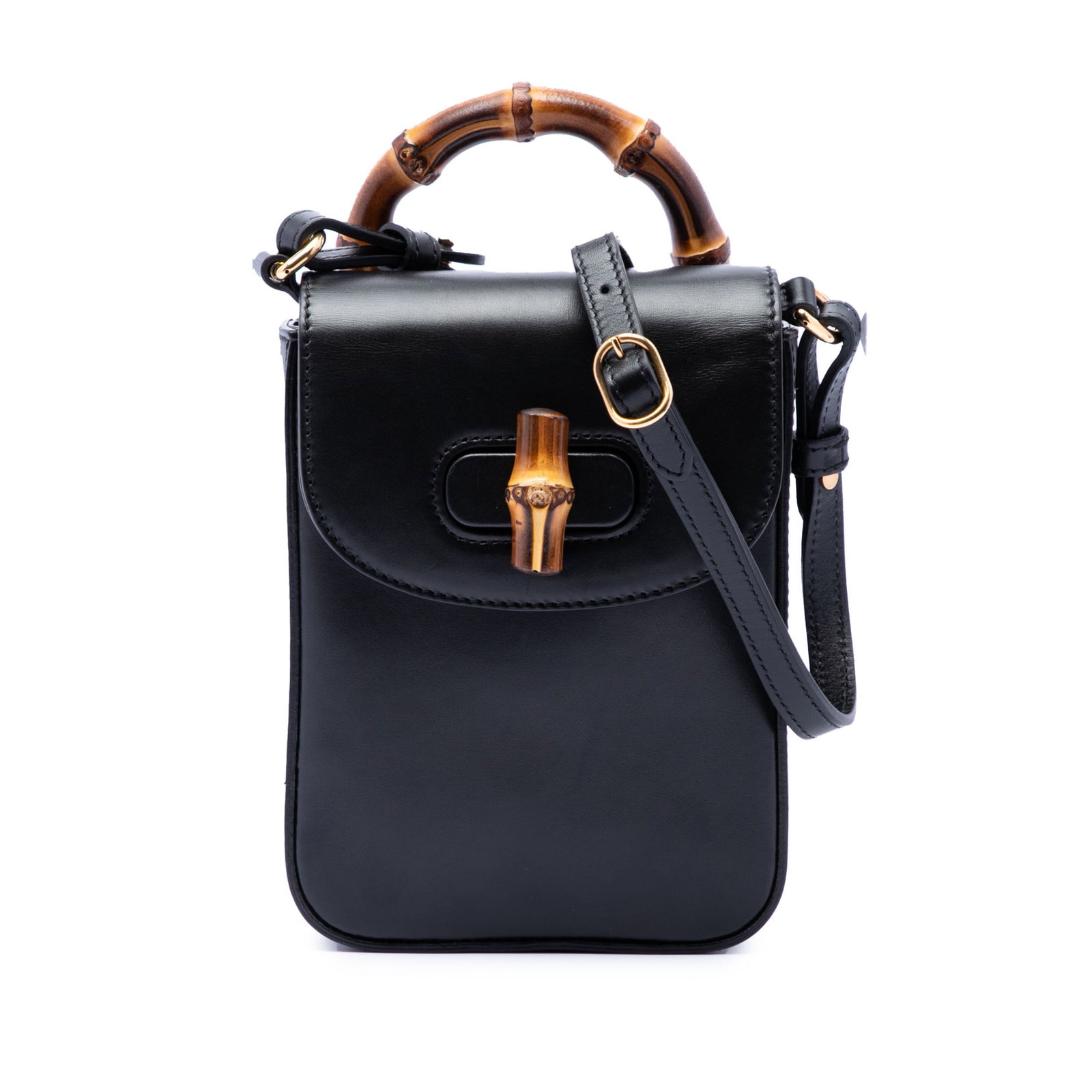 Gucci Bamboo Mini Black Calfskin Satchel: Gucci Bamboo Mini Black Calfskin Satchel This mini satchel features a luxurious calfskin leather body with a distinctive bamboo top handle. It includes an adjustable and detachable flat leather should