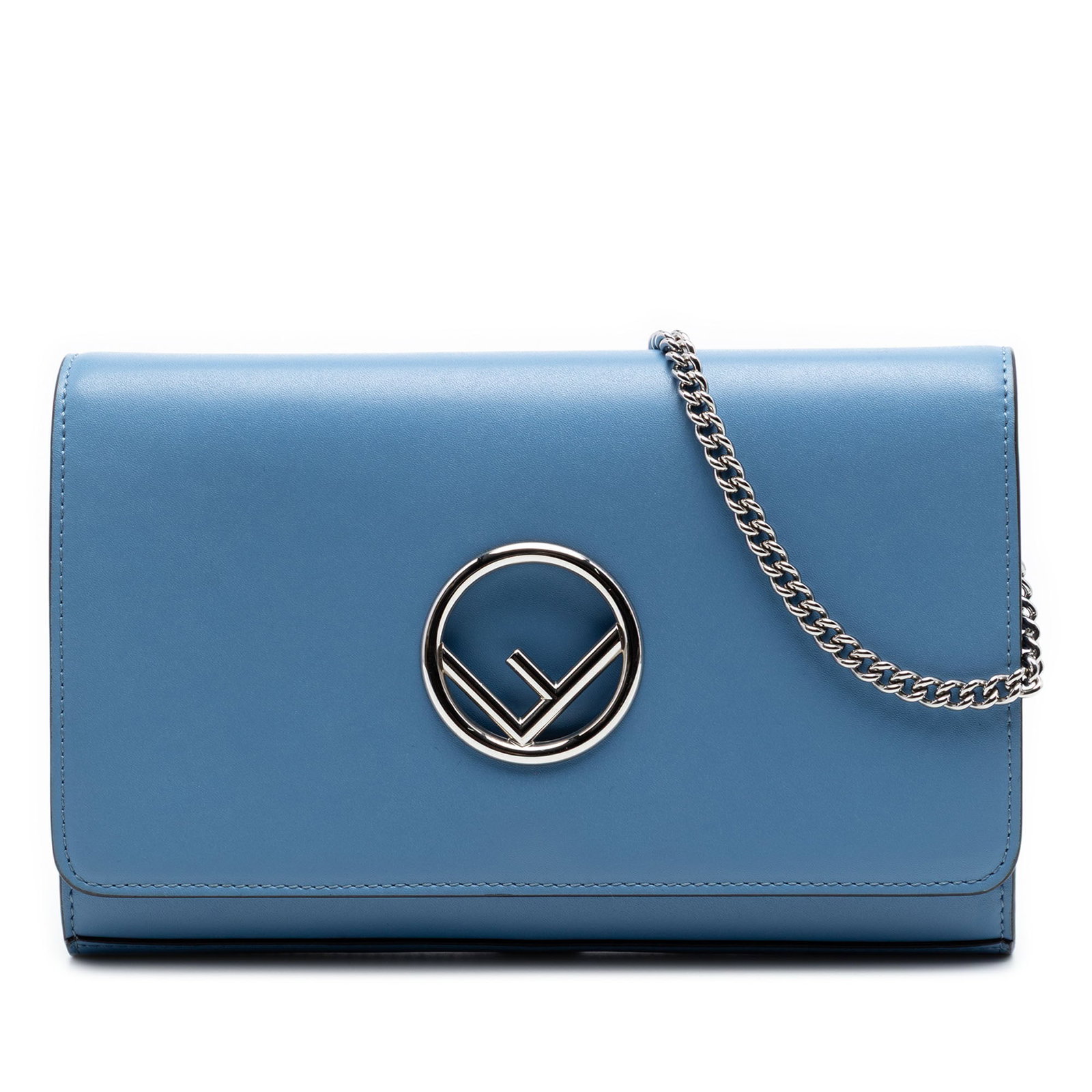 Fendi Kan I blue leather chain wallet bag: Fendi Kan I blue leather chain wallet bag This Fendi Kan I Wallet on Chain is crafted from blue calfskin leather and features a detachable chain link strap for versatile carrying options. The front fl