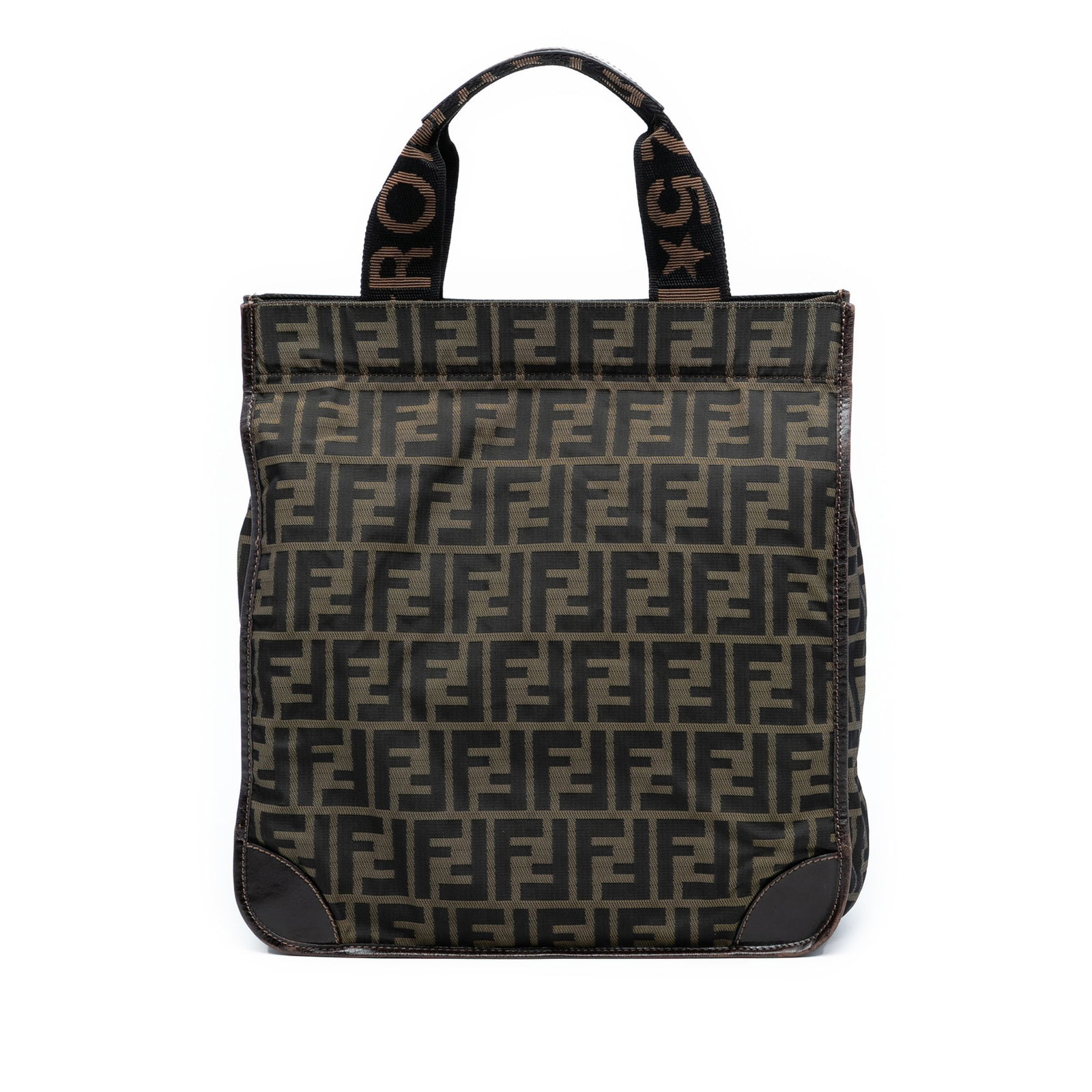 Fendi Zucca Pattern Canvas Tote Bag with Leather Trim: Fendi Zucca Pattern Canvas Tote Bag with Leather Trim This Fendi Zucca Canvas Shopping Tote features a canvas body with leather trim, flat canvas handles, and an open top secured by a snap button clos