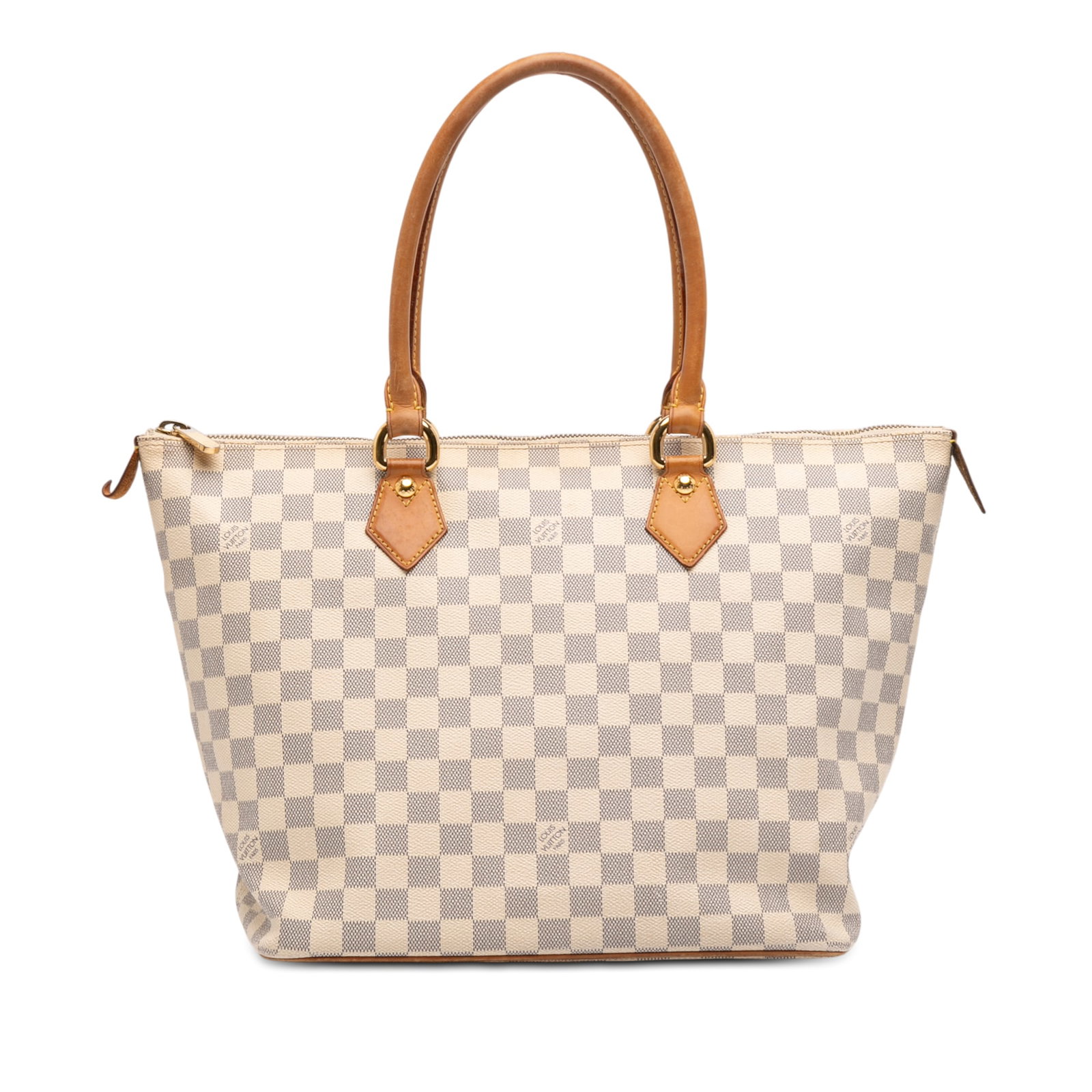 Louis Vuitton Saleya MM Tote in Damier Azur Canvas with Leather Handles: Louis Vuitton Saleya MM Tote in Damier Azur Canvas with Leather Handles This Louis Vuitton Damier Azur Saleya MM features a white damier azur canvas exterior with rolled vachetta leather handles. The 