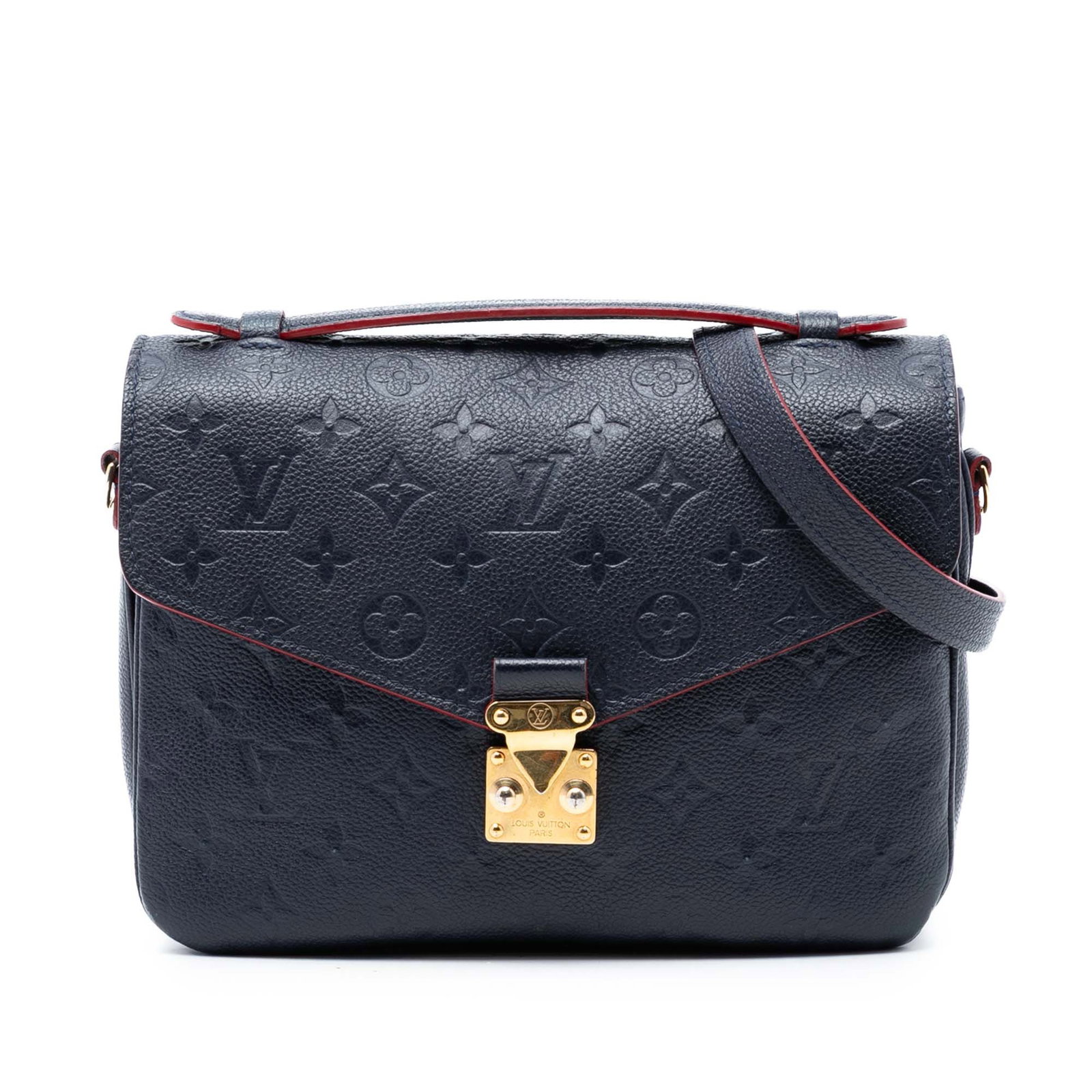 Louis Vuitton Empreinte Leather Pochette Metis Blue Shoulder Bag: Louis Vuitton Empreinte Leather Pochette Metis Blue Shoulder Bag The Louis Vuitton Monogram Empreinte Pochette Metis features a blue monogram empreinte leather body with a flat leather top handle, a d