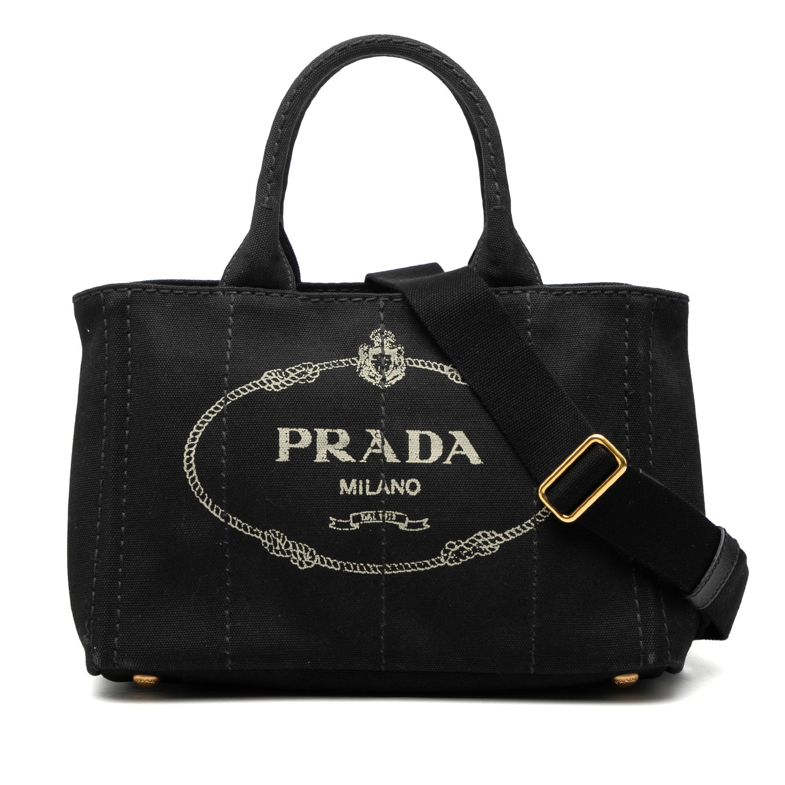 Prada Canapa Small Black Canvas Satchel with Detachable Strap: Prada Canapa Small Black Canvas Satchel with Detachable Strap This Prada Small Canvas Canapa Logo Satchel is crafted from black canvas and features rolled canvas handles, a detachable flat strap, an o