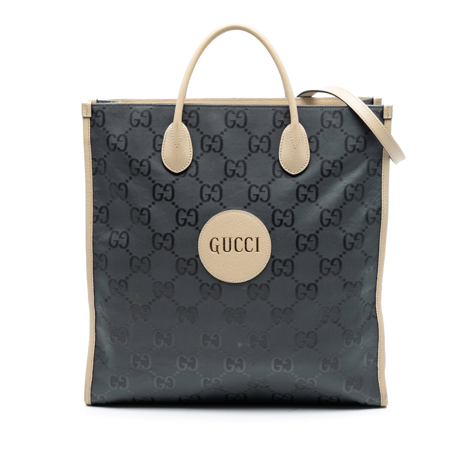 Gucci Off the Grid Medium Nylon Convertible Tote Bag with Leather Trim: Gucci Off the Grid Medium Nylon Convertible Tote Bag with Leather Trim This Gucci Medium GG Nylon Off the Grid Convertible Tote features a gray nylon body with leather trim, rolled top handles, a flat